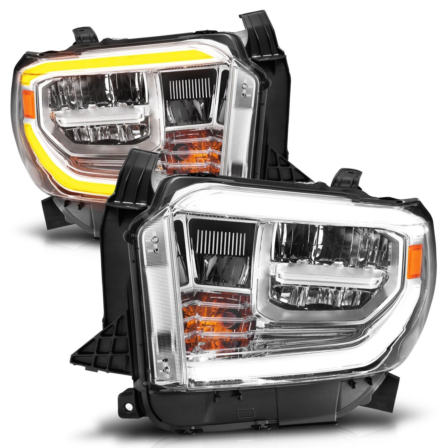 LED Chrome Housing Headlights For 2014-2020 Toyota Tundra with Factory LED DRL [Switchback Turn Signal]