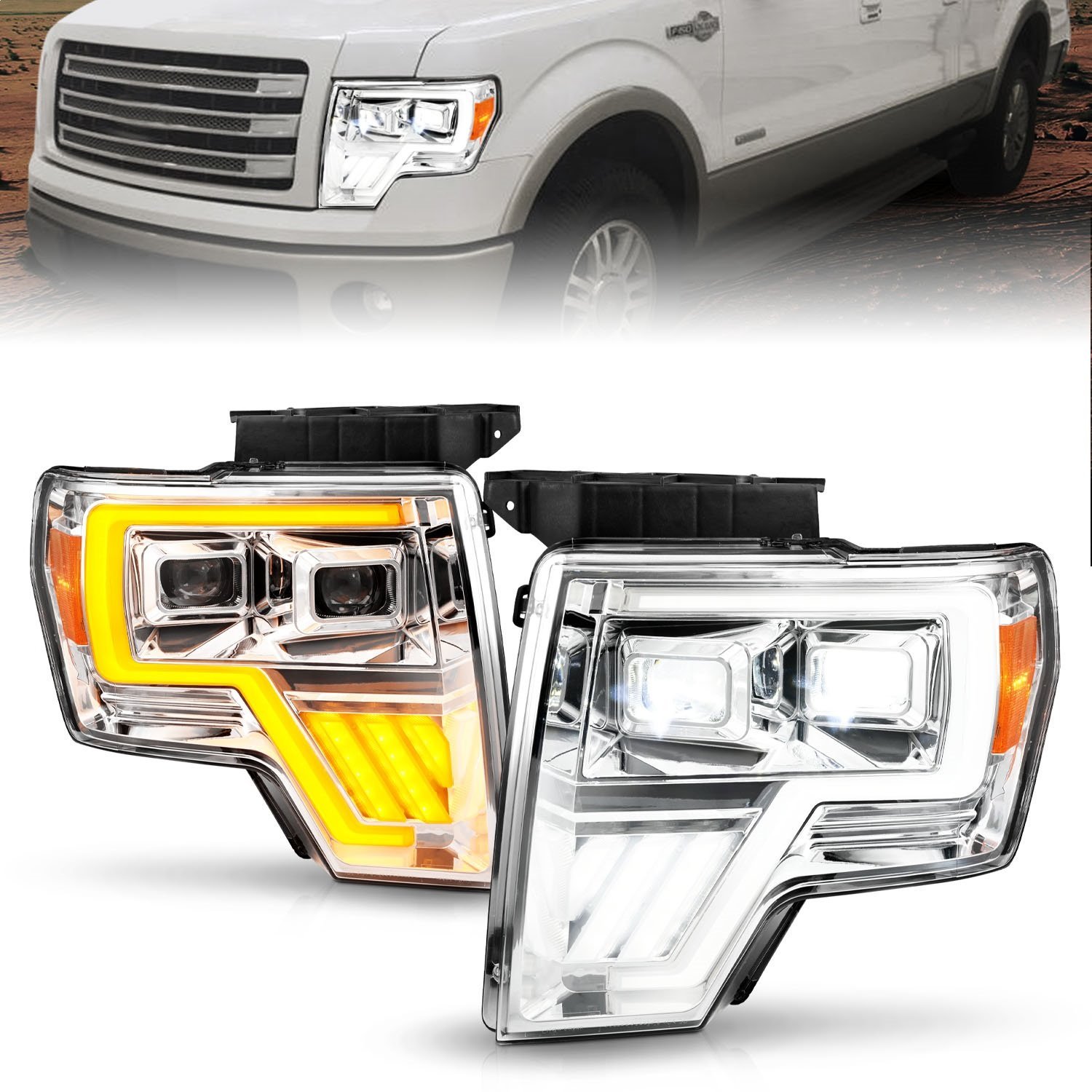 111607 Projector Plank Style Headlights w/Initiation and Sequential Turn Signals for 2009-2014 Ford F150 [Chrome Housings]