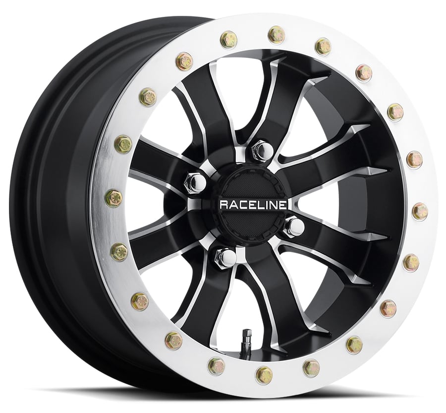 A71 Spike Wheel Size: 14 X 8" Bolt Pattern: 4X110 mm [Black and Machined w/ Beadlock Ring]