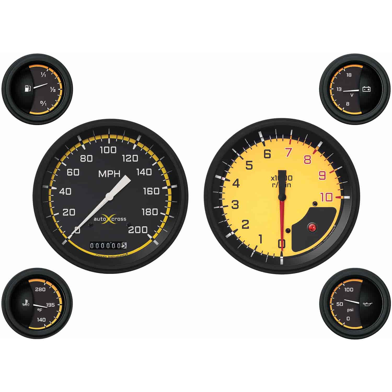 Yellow AutoCross Series 6-Gauge Set 4-5/8" Elec Speedometer (200 mph)