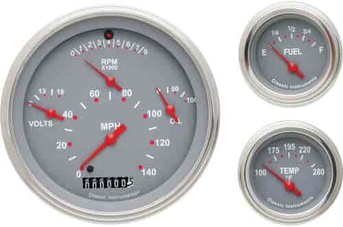 1957 Chevy Gray Gauge Package Includes: 4-5/8" Quad Gauge (Speedometer 140 mph, Tachometer 8000 RPM, Oil Pressure & Voltmeter)