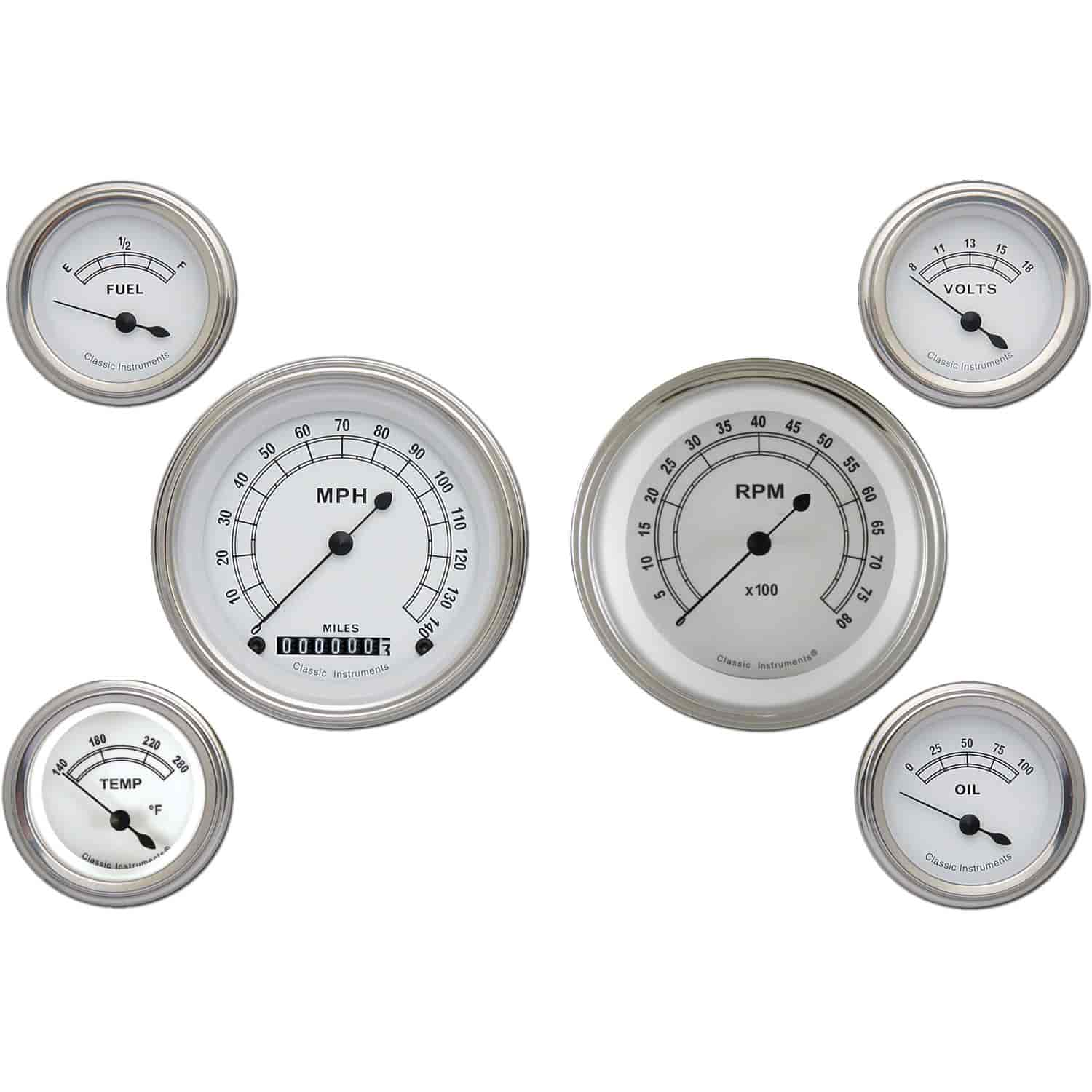 Classic White Series 6-Gauge Set 3-3/8" Elec Speedometer (140 mph)