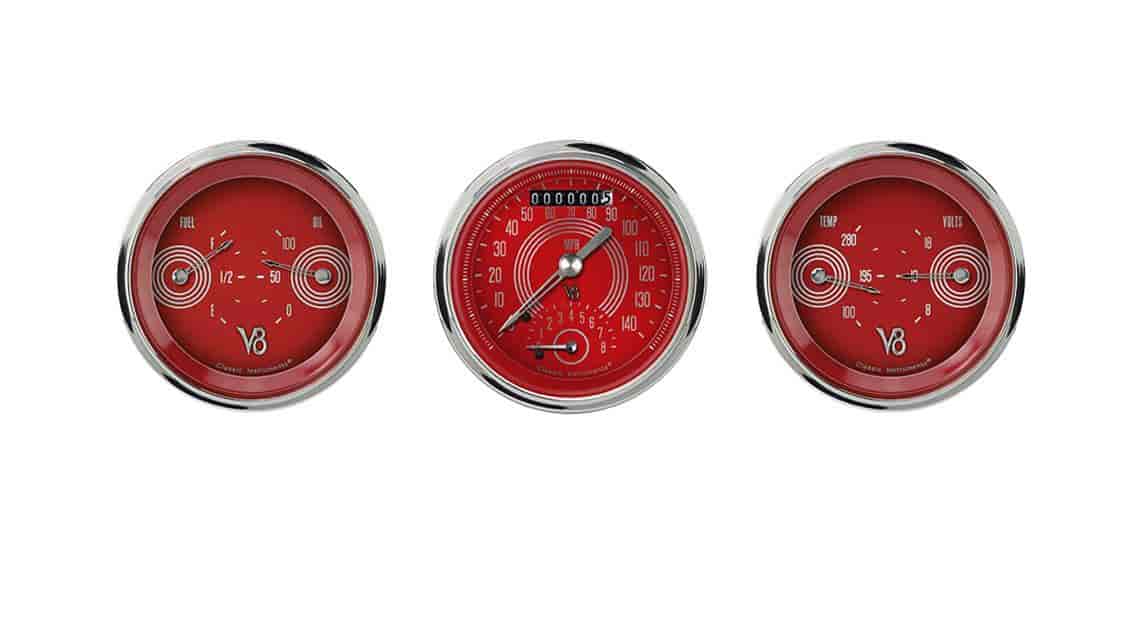 V8 Red Steelie Series 3-Gauge Set 3-3/8" Electrical Ultimate Speedometer (140 mph)