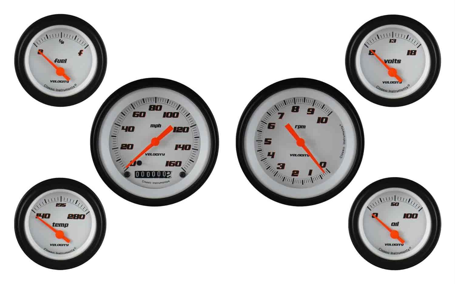 Velocity White Series 6-Gauge Set 3-3/8" Elec Speedometer (160 mph)