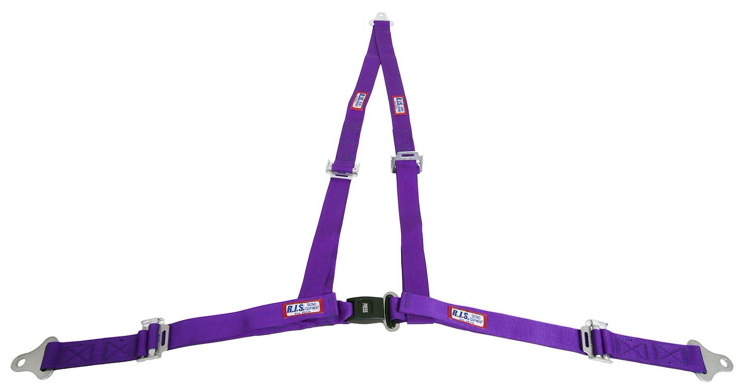 NON-SFI B&T HARNESS 2 PULL DOWN Lap Belt 2 S. H. Individual FLOOR Mount ALL WRAP ENDS w/STERNUM STRAP PURPLE