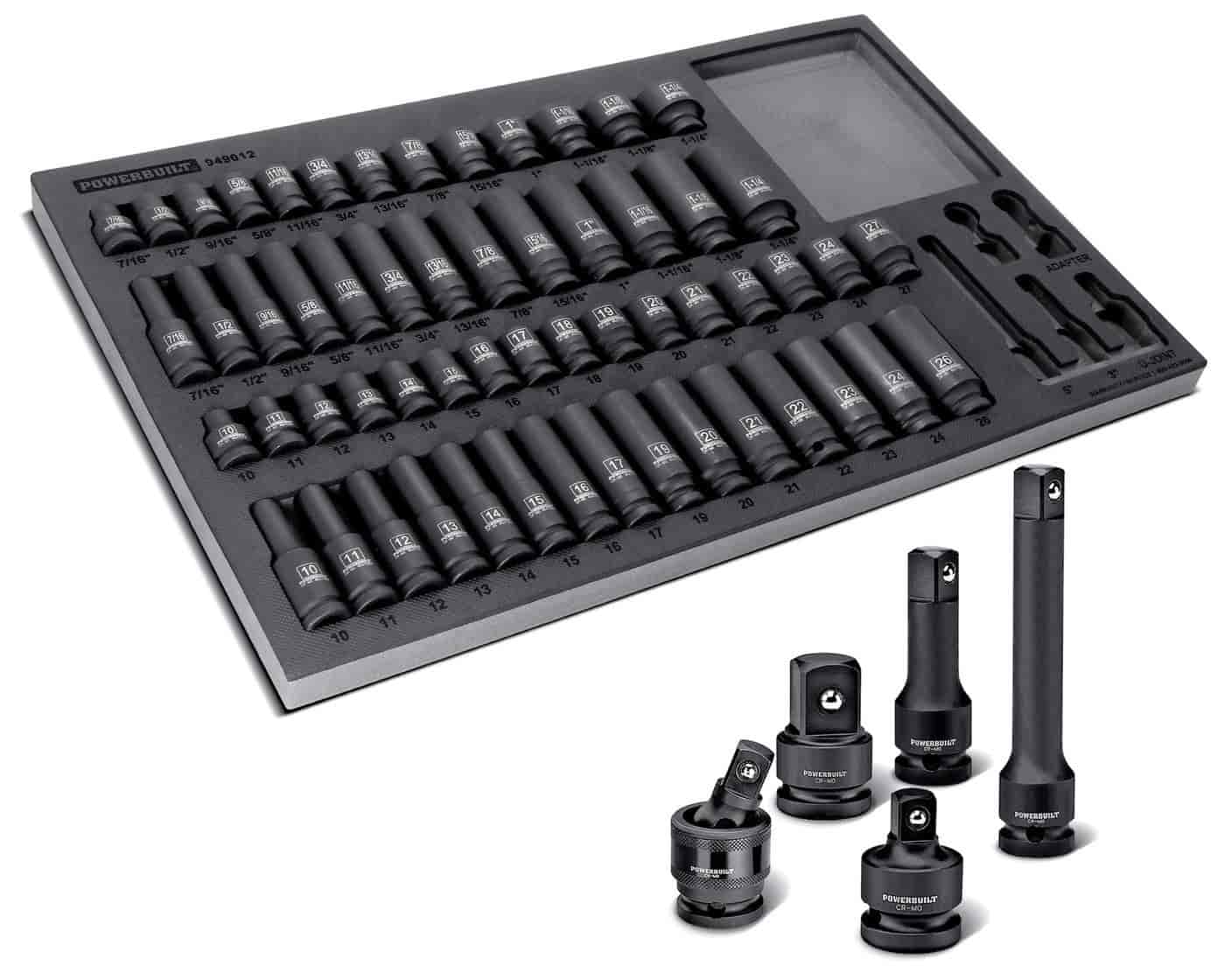 Powerbuilt 949012: 63-Piece Pro-Tech 1/2 in. Drive Impact Socket Set |  Chrome Molybdenum Steel | Black Phosphate Finish | SAE and Metric Sockets |  SAE and Metric Deep Sockets | Extension Bars | Male Adapters | Universal  Joint - JEGS