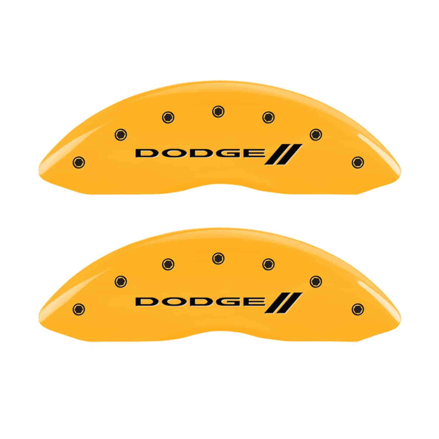 Set of 4 caliper covers Engraved Front and Rear With stripes/Dodge Yellow powder coat finish black characters