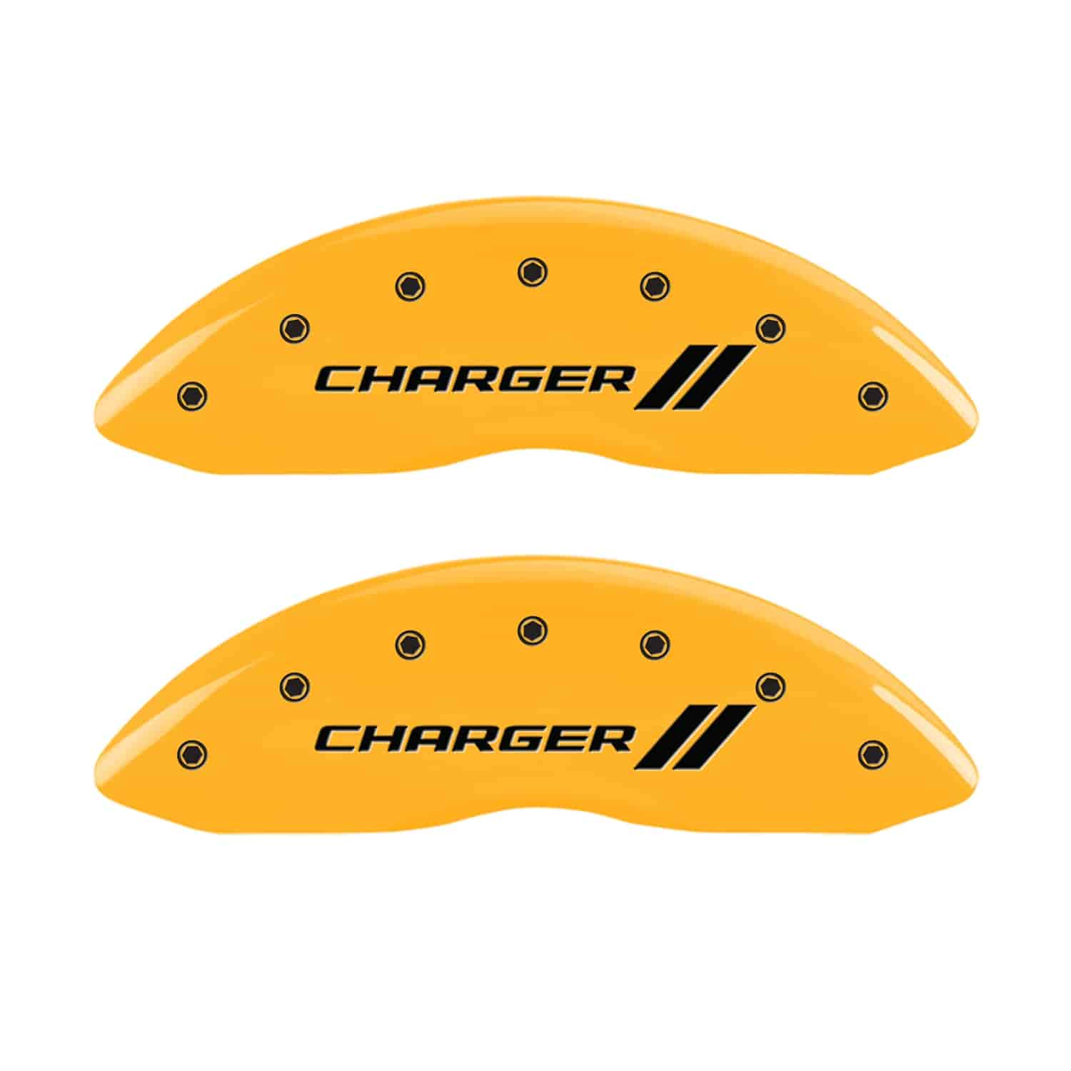 Set of 4 caliper covers Engraved Front and Rear With stripes/Charger Yellow powder coat finish black characters