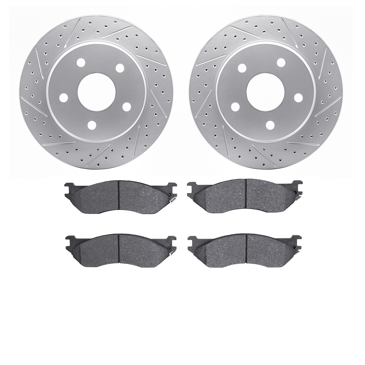 2202-40056 Geoperformance Drilled/Slotted Rotors w/Heavy-Duty Pads Kit, 2002-2006 Mopar, Position: Front