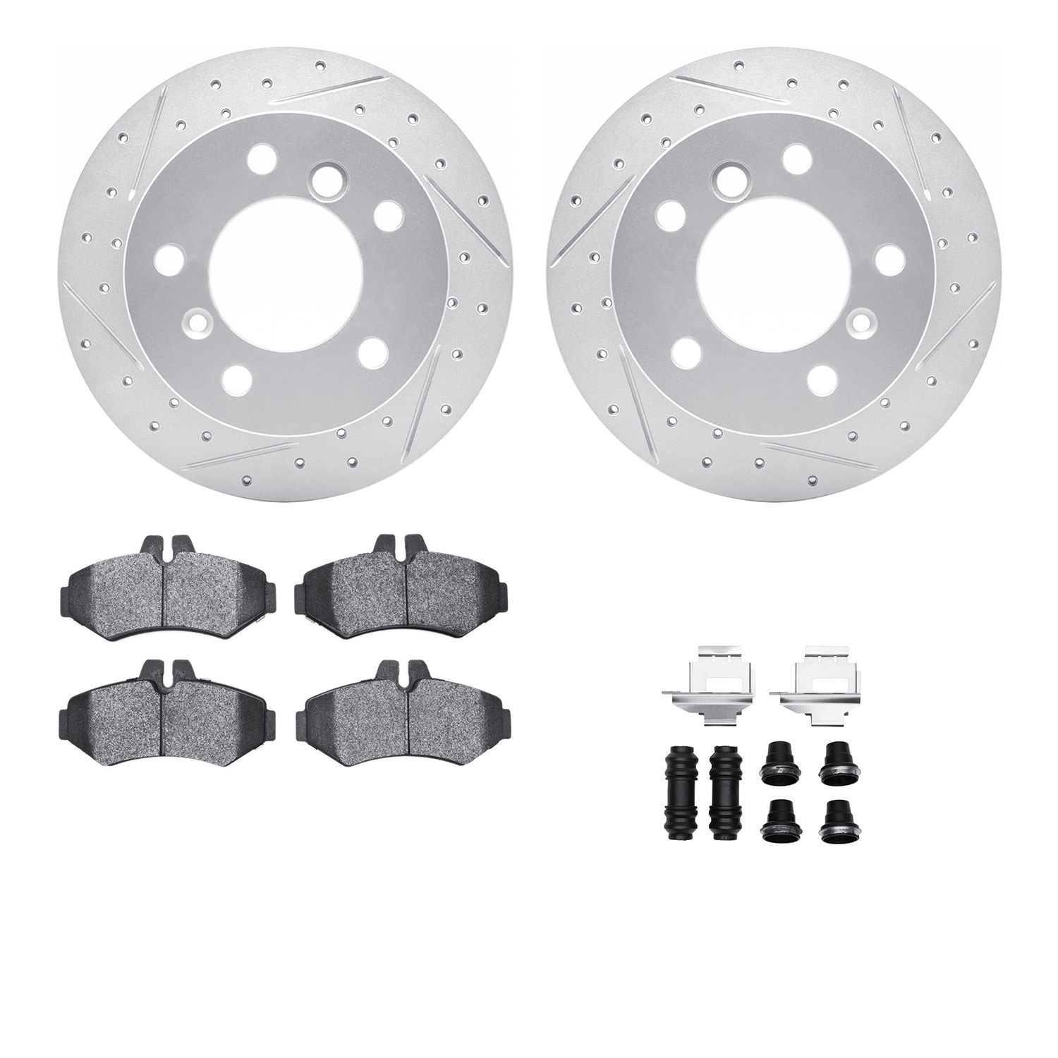 2212-40018 Geoperformance Drilled/Slotted Rotors w/Heavy-Duty Pads Kit & Hardware, 2002-2018 Multiple Makes/Models, Position: Re