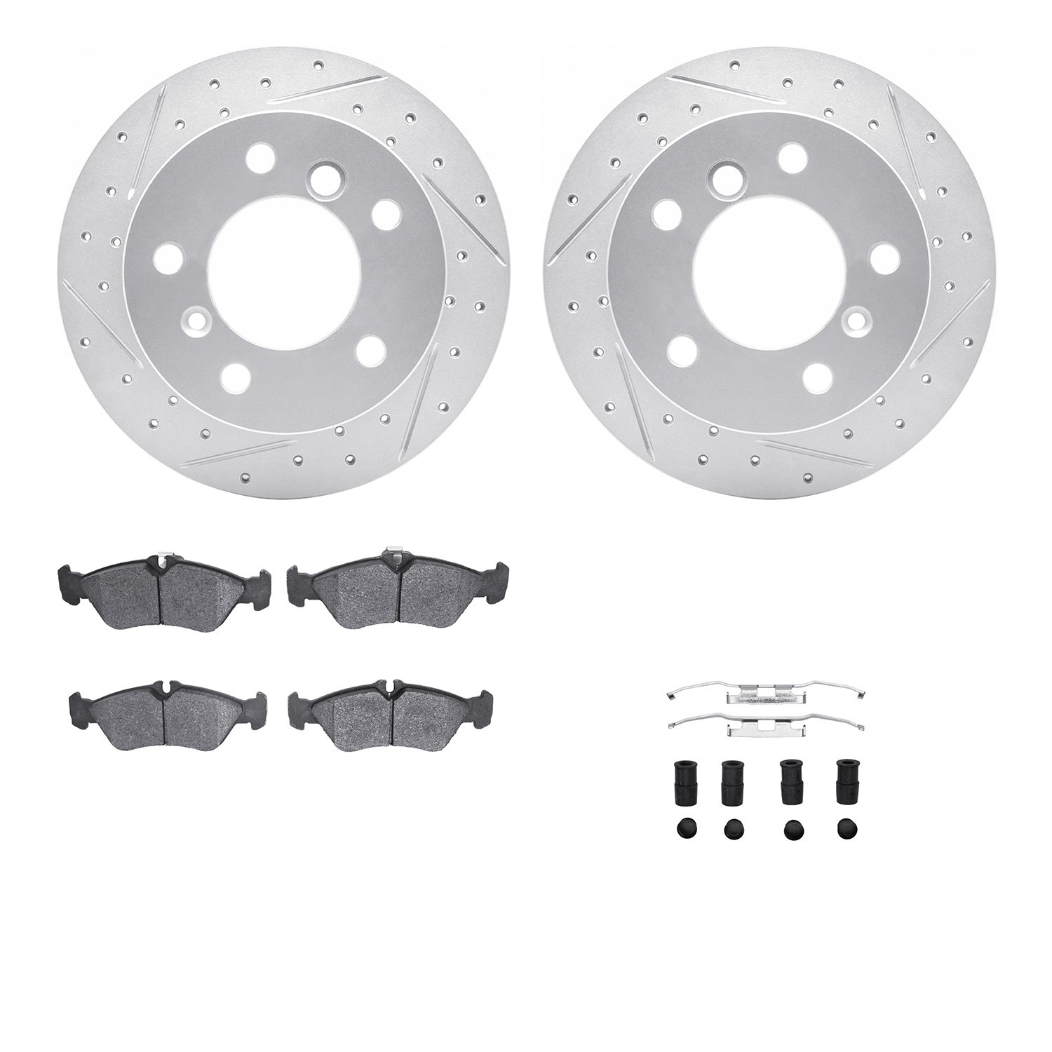2212-40019 Geoperformance Drilled/Slotted Rotors w/Heavy-Duty Pads Kit & Hardware, 2002-2006 Multiple Makes/Models, Position: Re