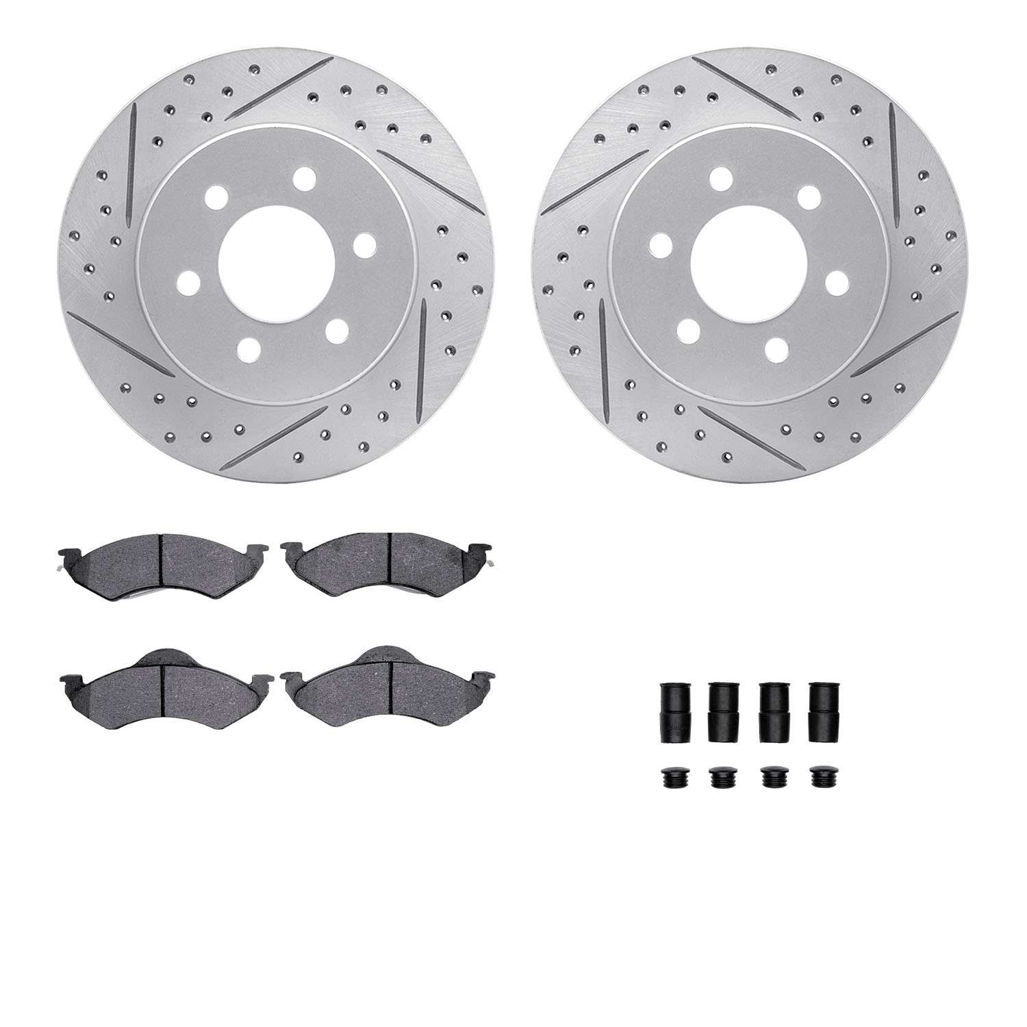 2212-40047 Geoperformance Drilled/Slotted Rotors w/Heavy-Duty Pads Kit & Hardware, 1998-1999 Mopar, Position: Front