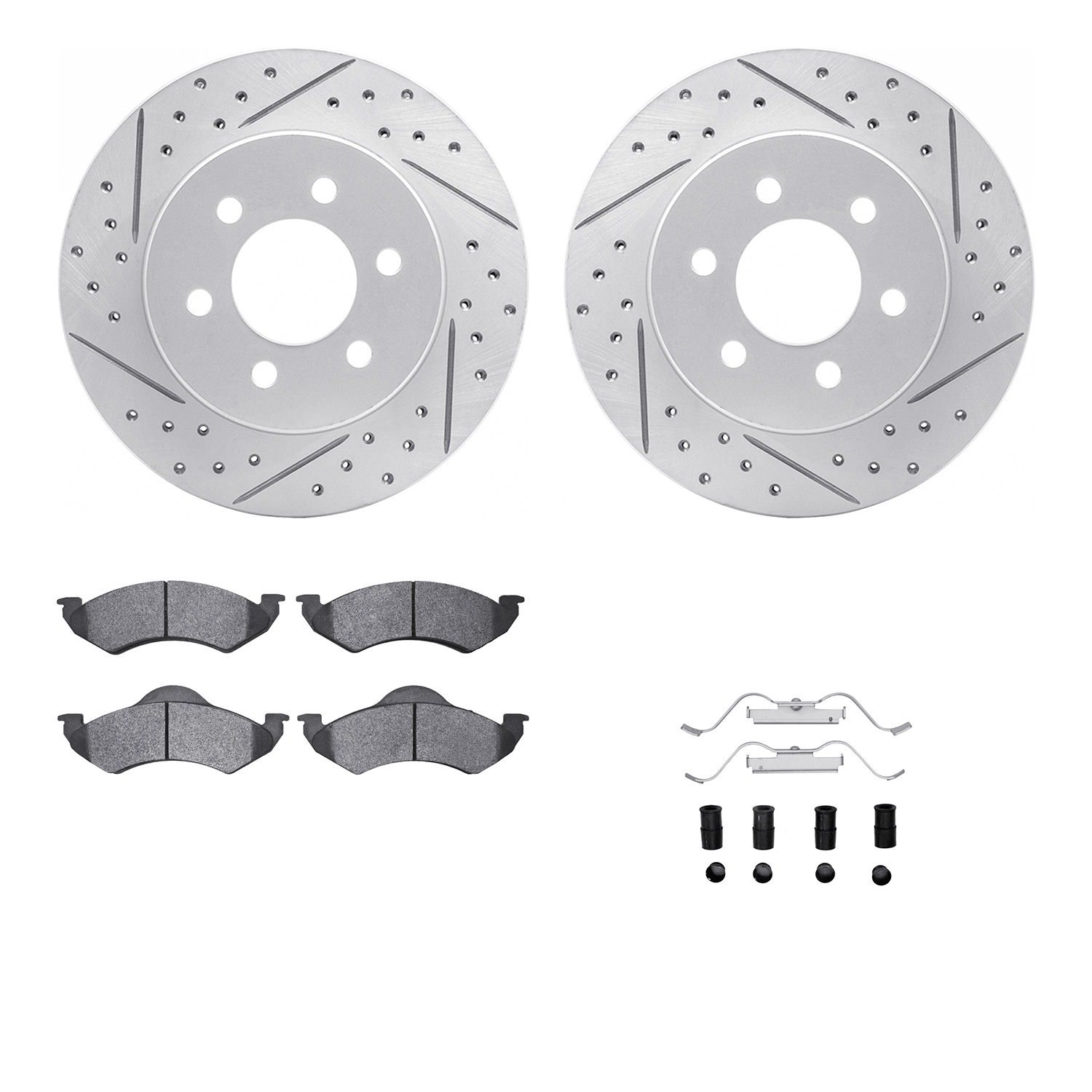 2212-40048 Geoperformance Drilled/Slotted Rotors w/Heavy-Duty Pads Kit & Hardware, 2000-2002 Mopar, Position: Front