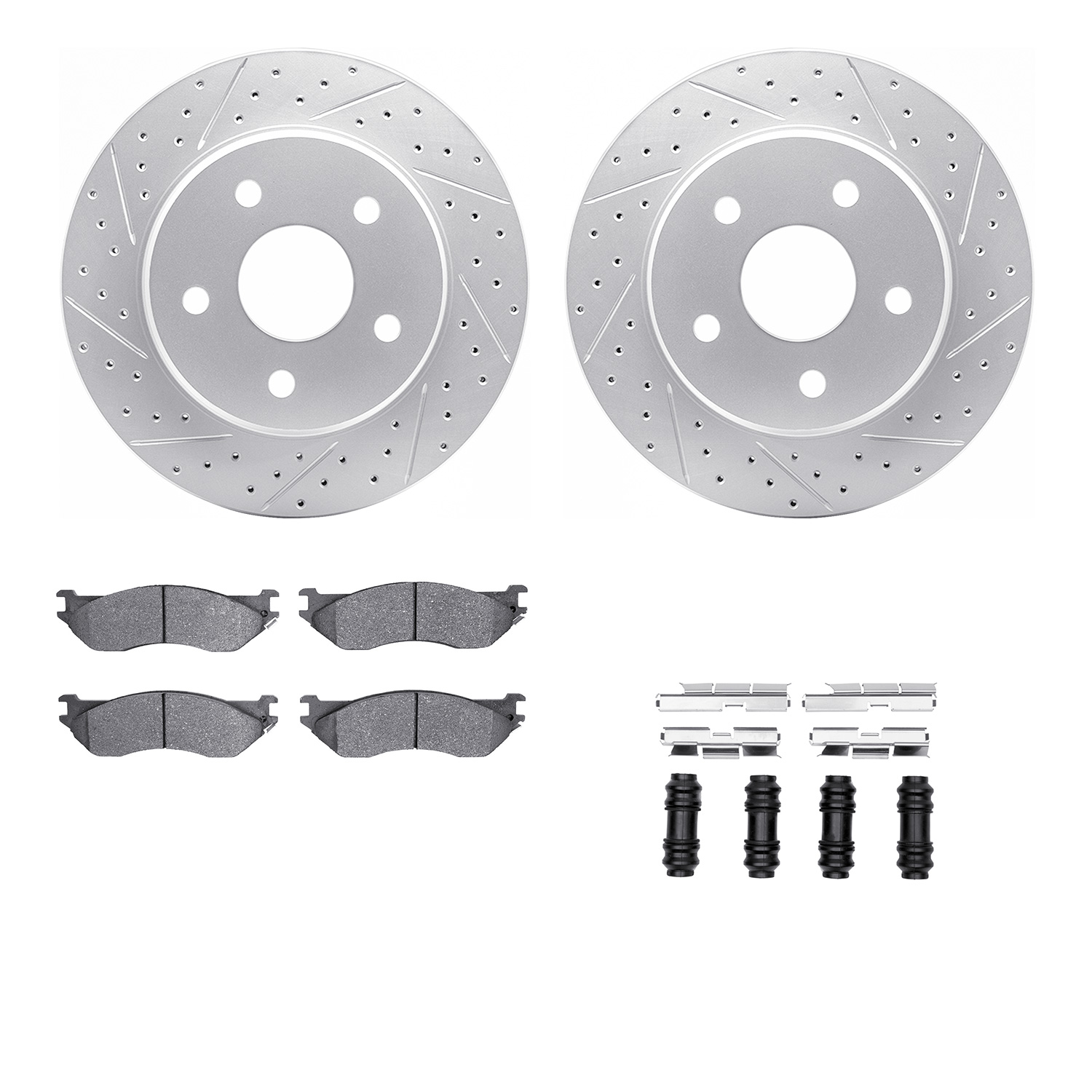 2212-40056 Geoperformance Drilled/Slotted Rotors w/Heavy-Duty Pads Kit & Hardware, 2002-2006 Mopar, Position: Front