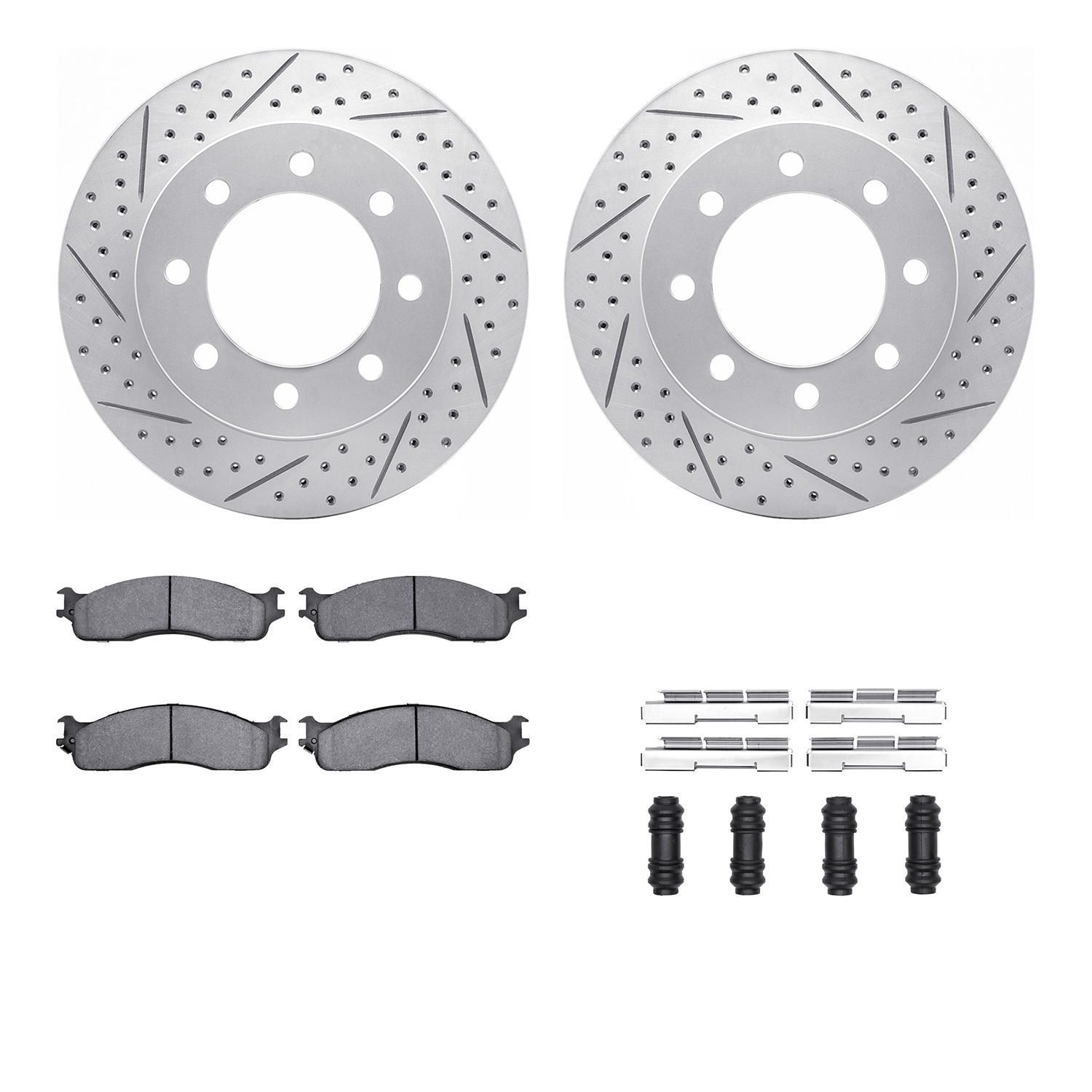 2212-40063 Geoperformance Drilled/Slotted Rotors w/Heavy-Duty Pads Kit & Hardware, 2003-2008 Mopar, Position: Front