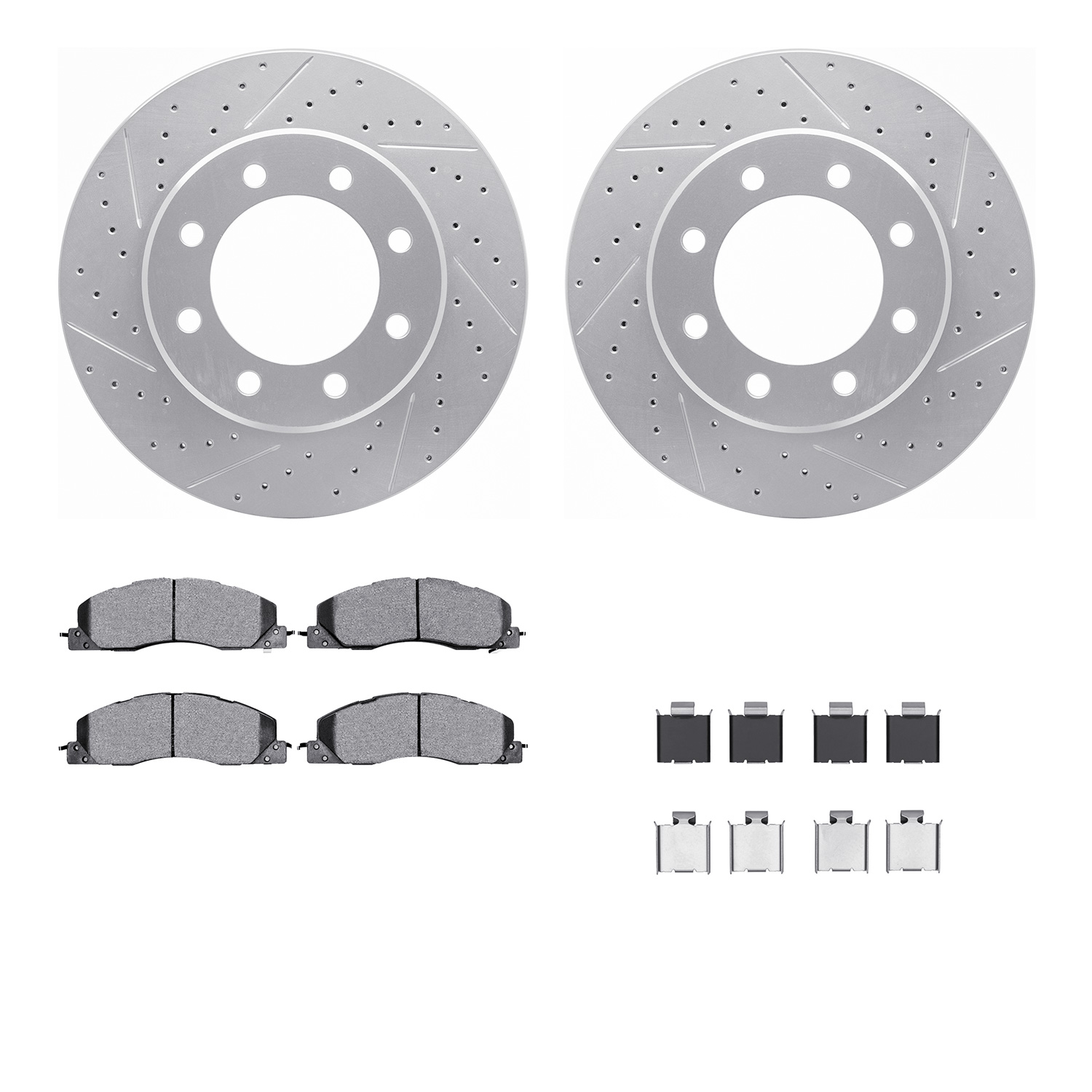 2212-40075 Geoperformance Drilled/Slotted Rotors w/Heavy-Duty Pads Kit & Hardware, 2009-2018 Mopar, Position: Front