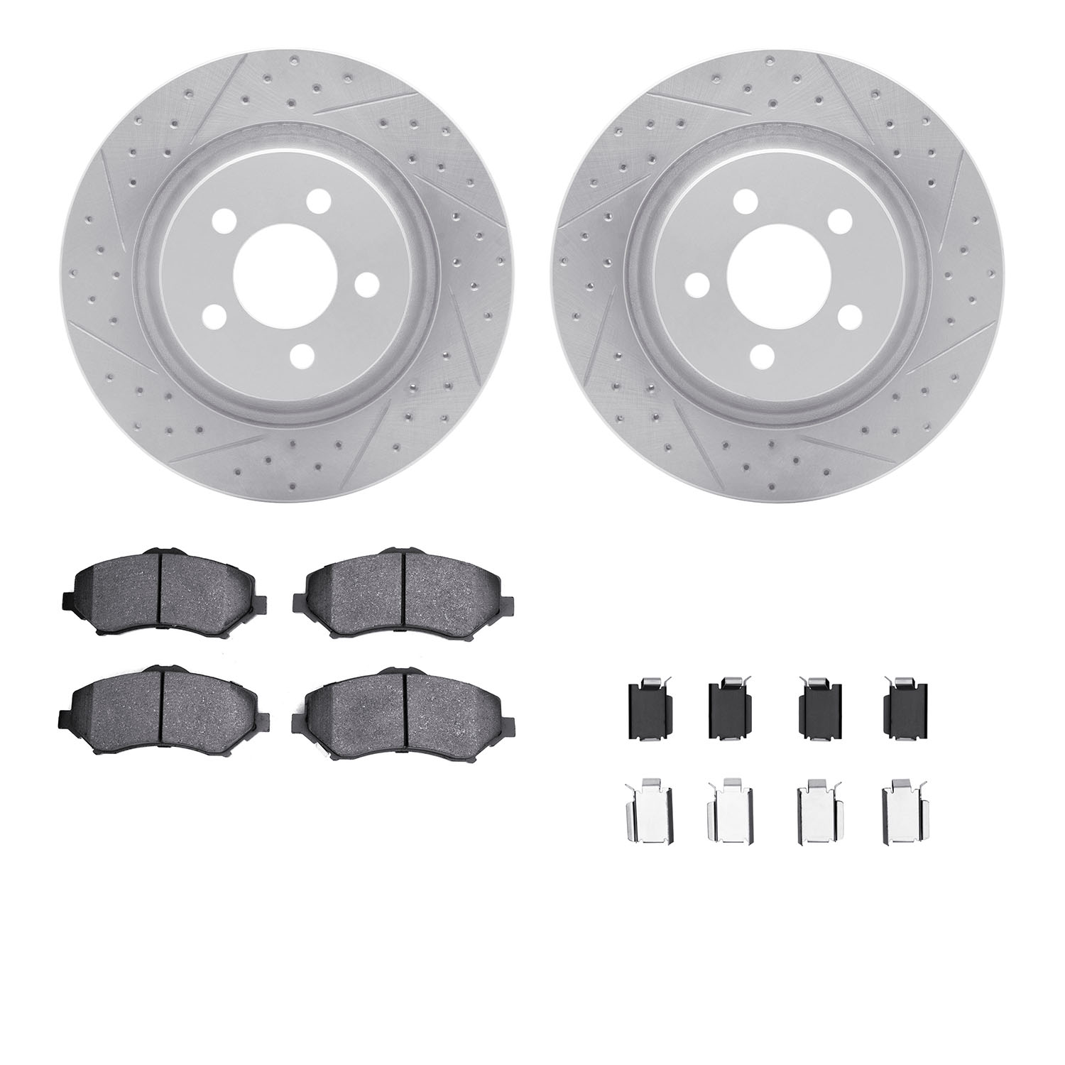 2212-42030 Geoperformance Drilled/Slotted Rotors w/Heavy-Duty Pads Kit & Hardware, 2011-2012 Mopar, Position: Front