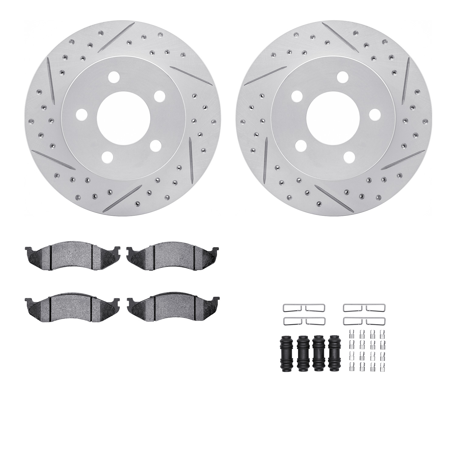 2212-42032 Geoperformance Drilled/Slotted Rotors w/Heavy-Duty Pads Kit & Hardware, 1990-1999 Mopar, Position: Front