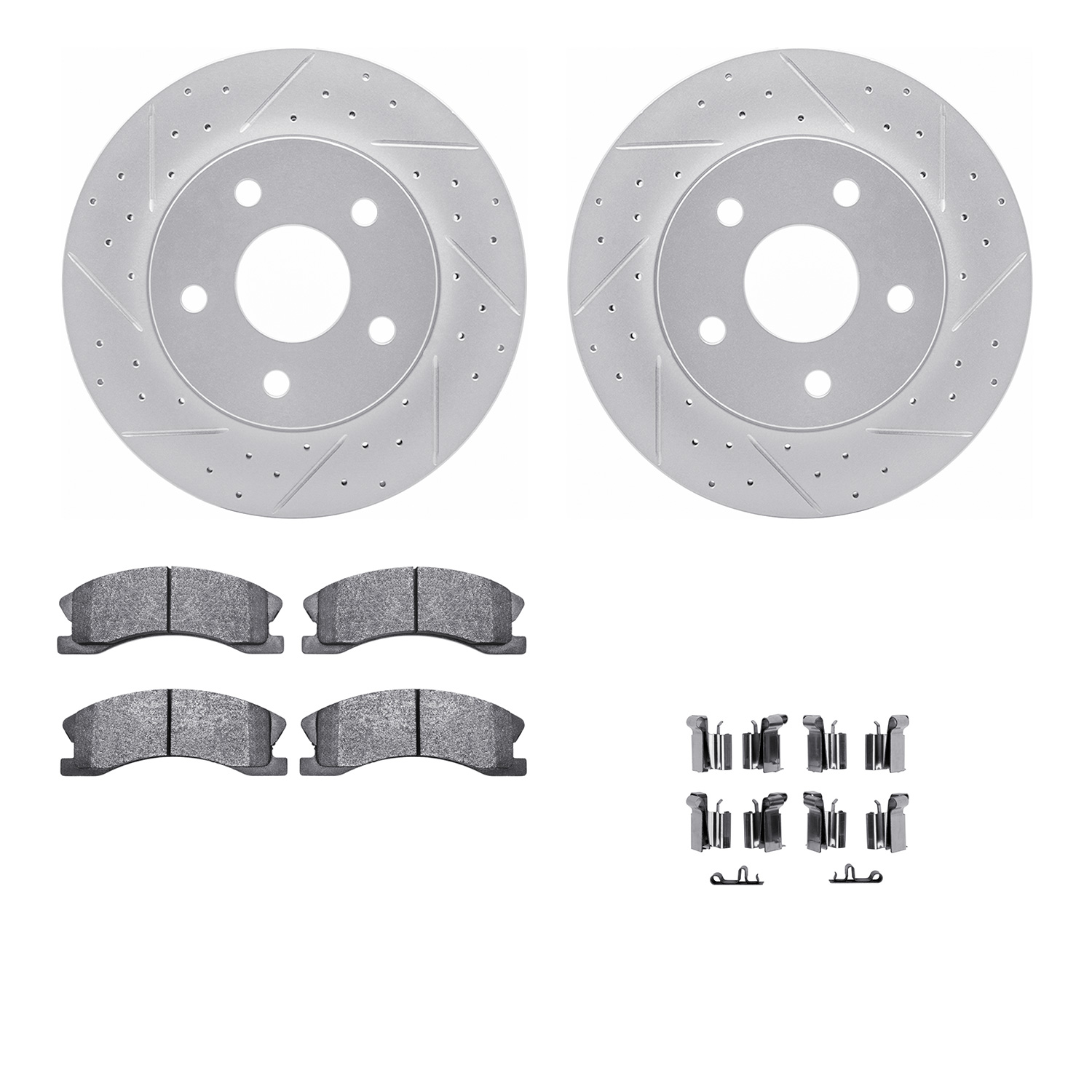 2212-42038 Geoperformance Drilled/Slotted Rotors w/Heavy-Duty Pads Kit & Hardware, 1999-2004 Mopar, Position: Front
