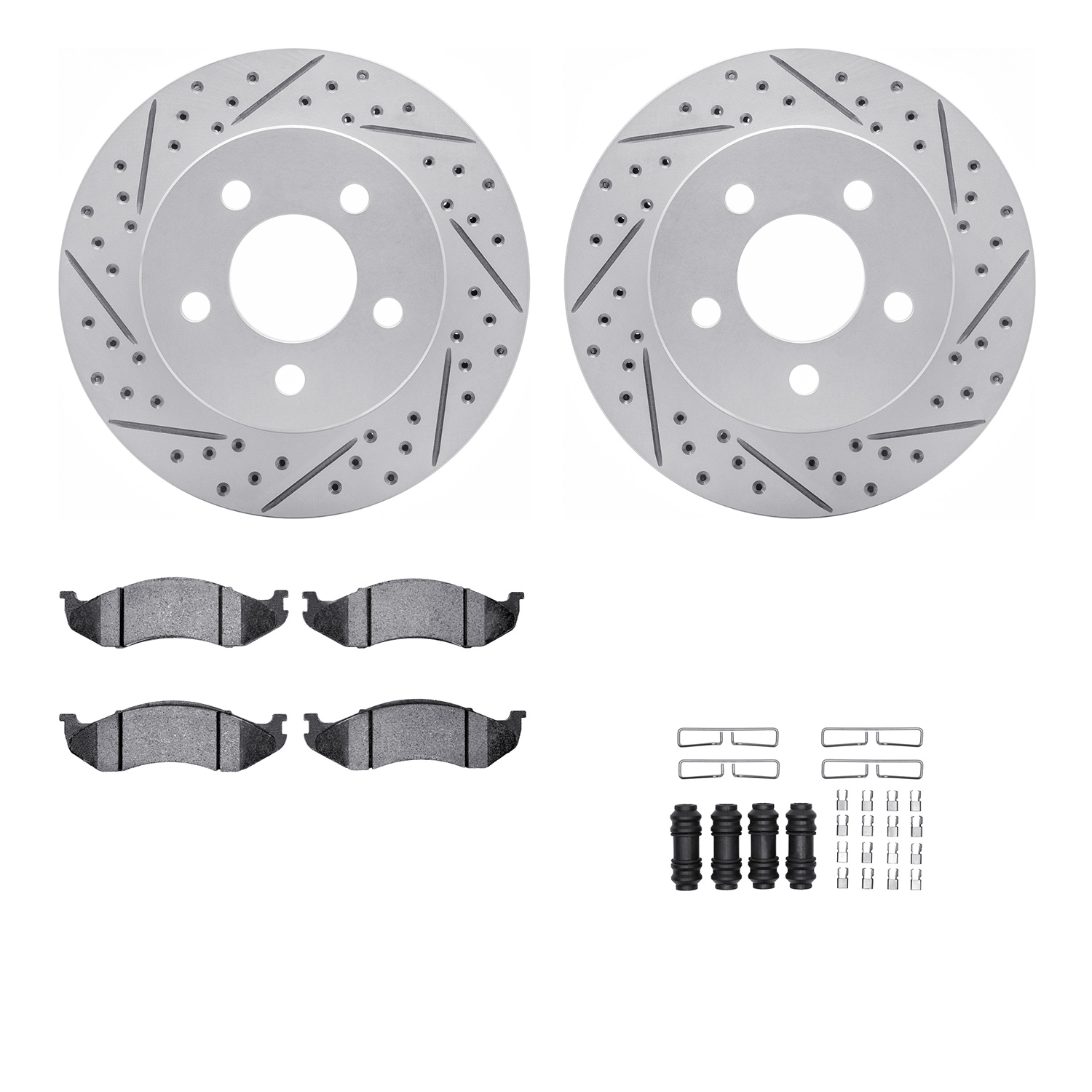 2212-42040 Geoperformance Drilled/Slotted Rotors w/Heavy-Duty Pads Kit & Hardware, 1999-2006 Mopar, Position: Front