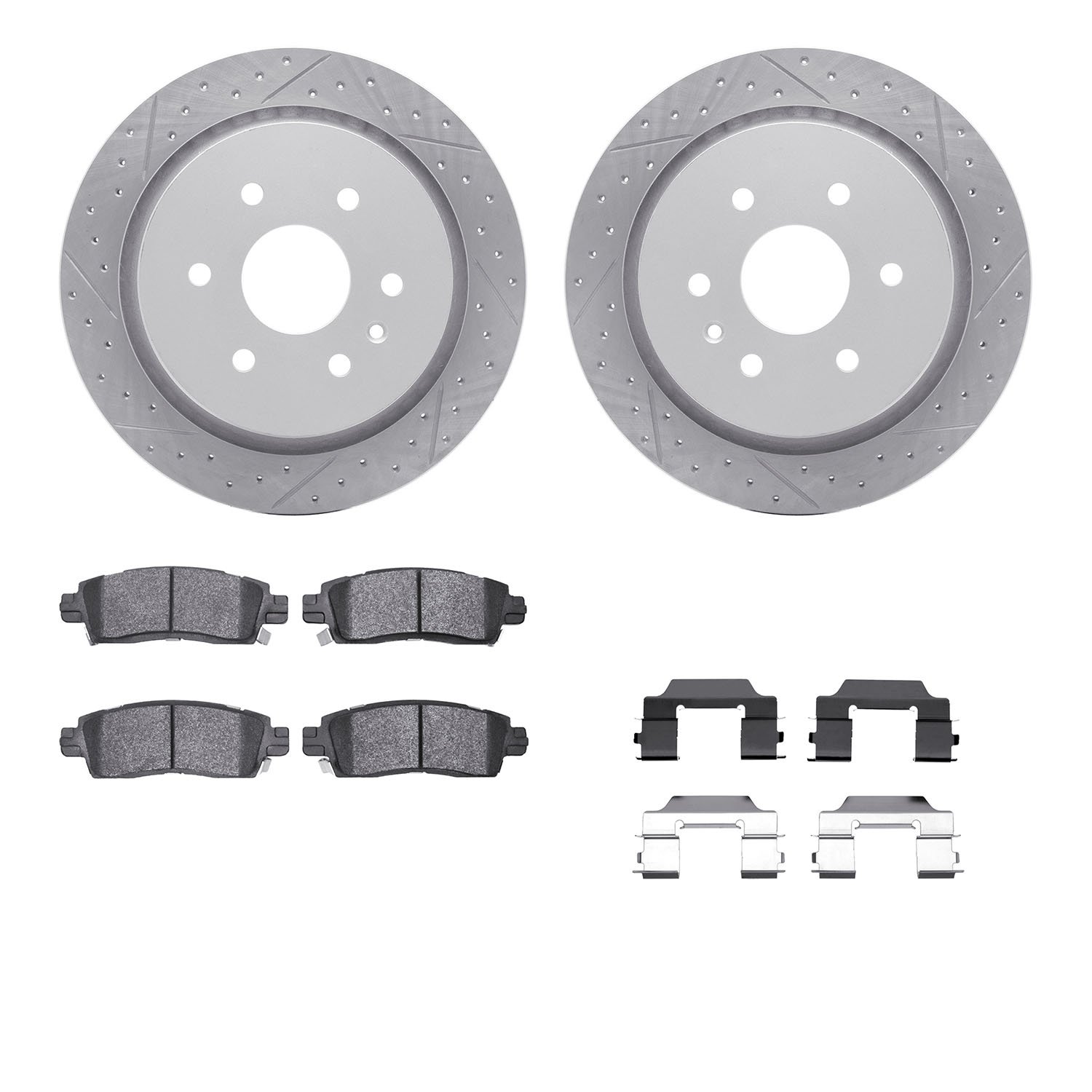 2212-46052 Geoperformance Drilled/Slotted Rotors w/Heavy-Duty Pads Kit & Hardware, 2013-2019 GM, Position: Rear