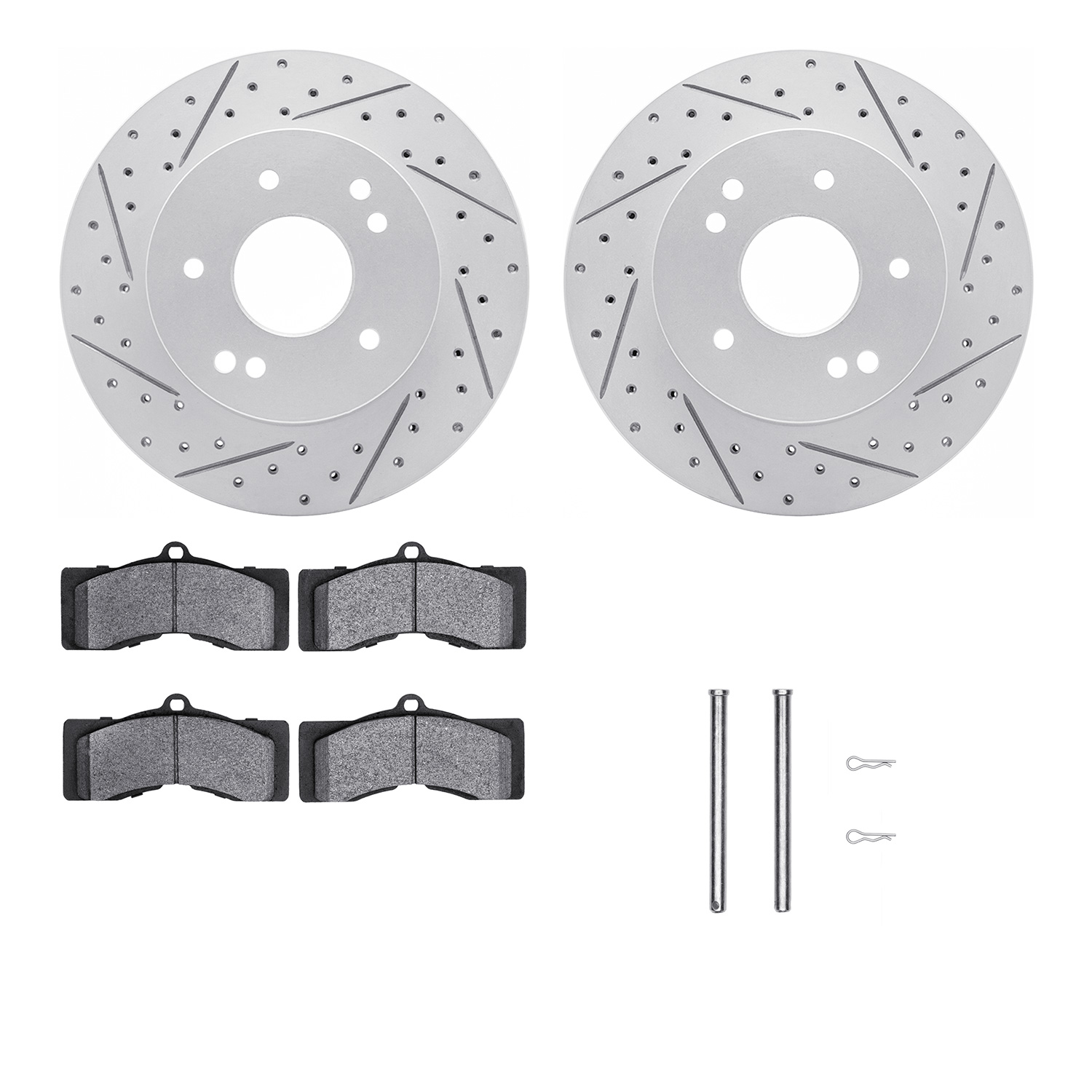2212-47004 Geoperformance Drilled/Slotted Rotors w/Heavy-Duty Pads Kit & Hardware, 1963-1982 GM, Position: Rear, Front