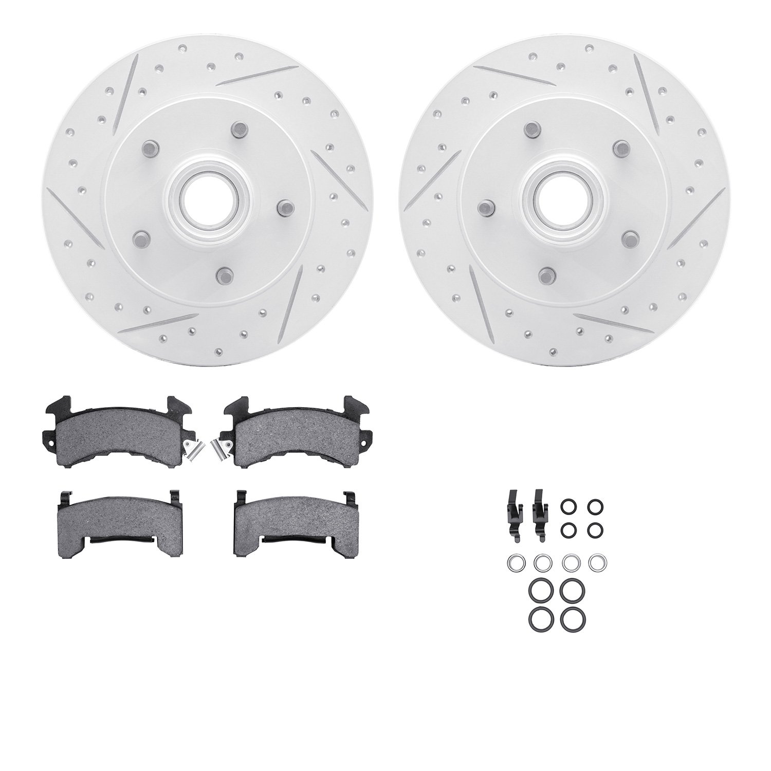 2212-47049 Geoperformance Drilled/Slotted Rotors w/Heavy-Duty Pads Kit & Hardware, 1982-1995 GM, Position: Front