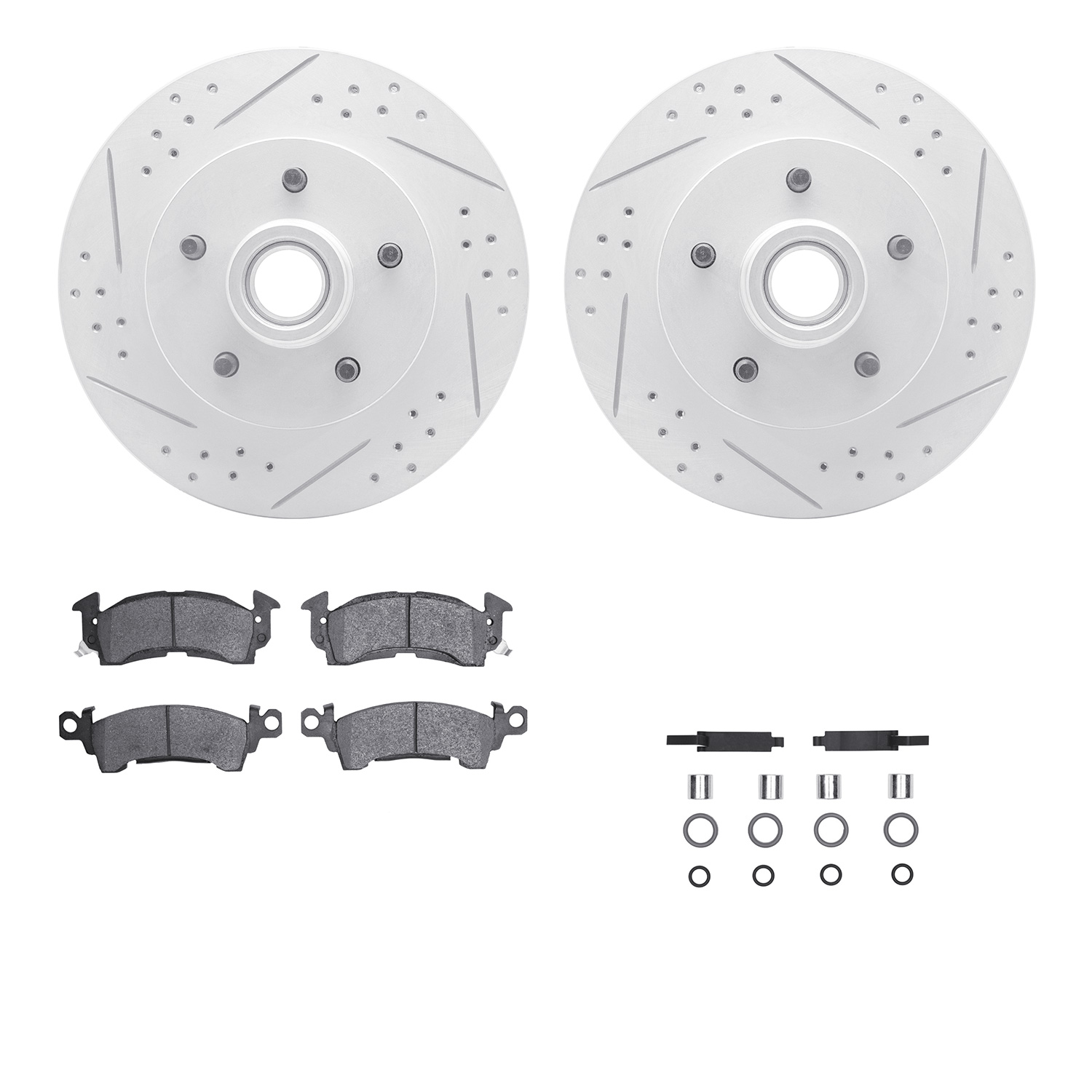2212-47053 Geoperformance Drilled/Slotted Rotors w/Heavy-Duty Pads Kit & Hardware, 1969-1996 GM, Position: Front