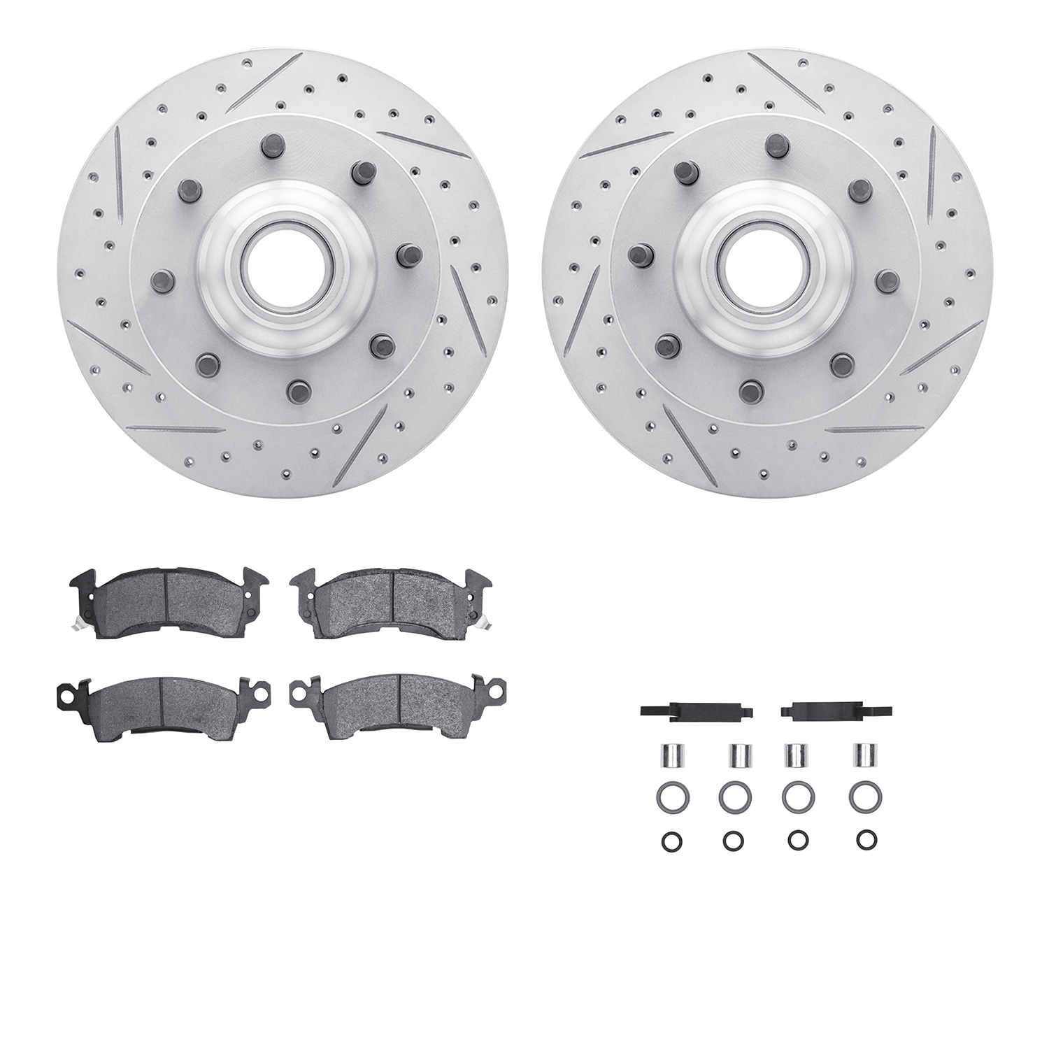 2212-48005 Geoperformance Drilled/Slotted Rotors w/Heavy-Duty Pads Kit & Hardware, 1971-1989 GM, Position: Front