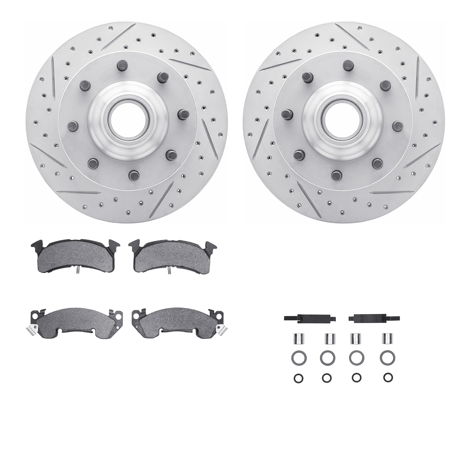 2212-48006 Geoperformance Drilled/Slotted Rotors w/Heavy-Duty Pads Kit & Hardware, 1978-1993 GM, Position: Front