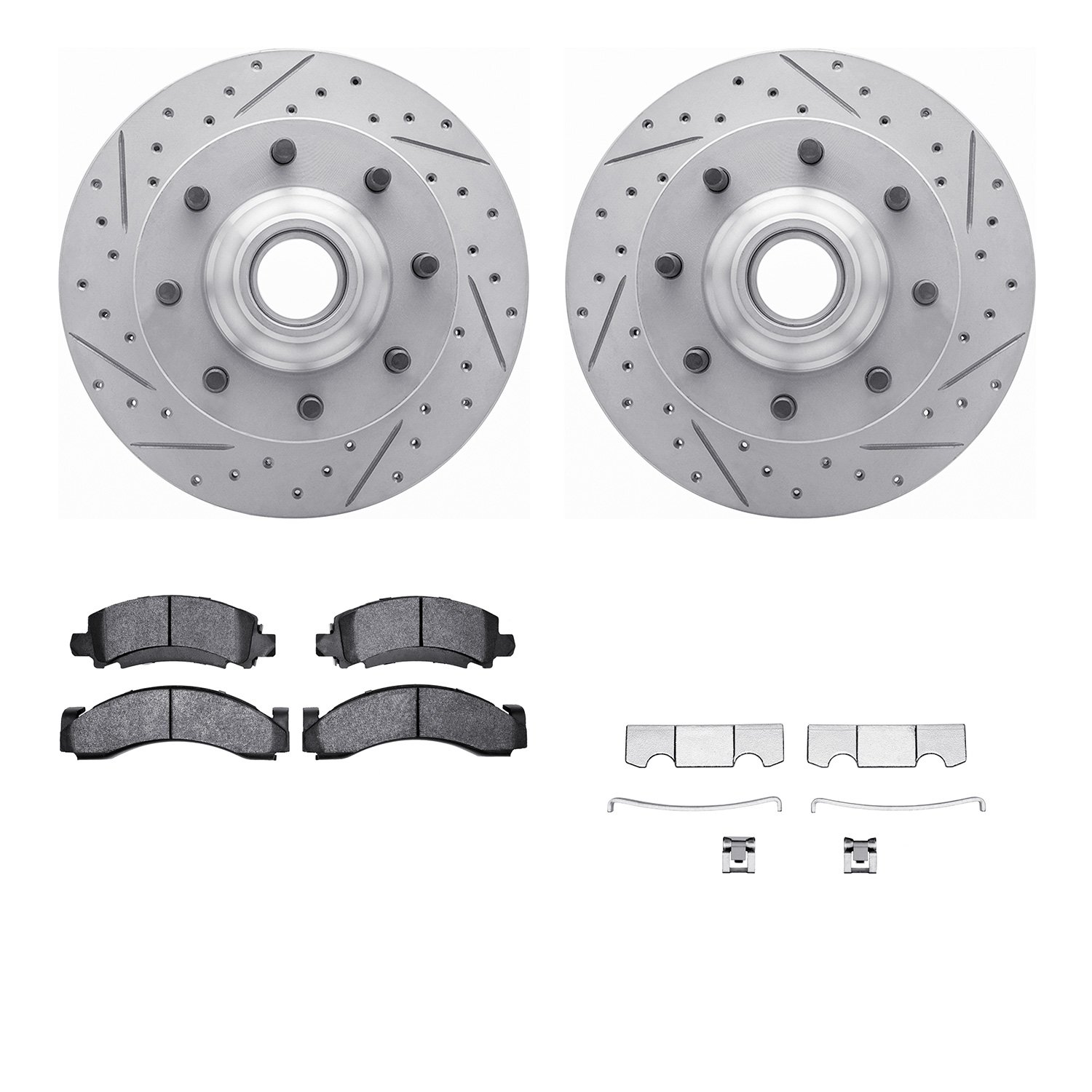 2212-48007 Geoperformance Drilled/Slotted Rotors w/Heavy-Duty Pads Kit & Hardware, 1994-1995 GM, Position: Front