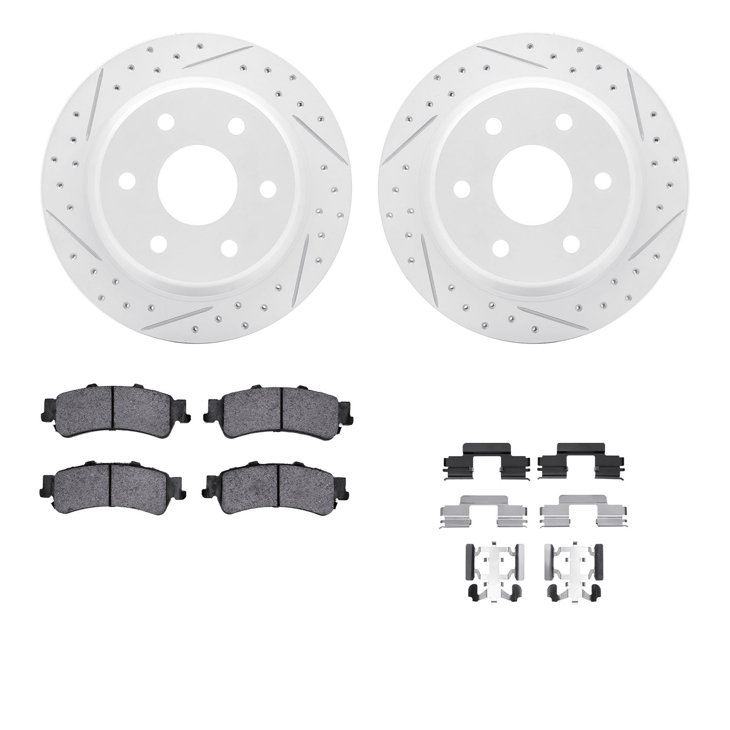 2212-48010 Geoperformance Drilled/Slotted Rotors w/Heavy-Duty Pads Kit & Hardware, 2003-2007 GM, Position: Rear