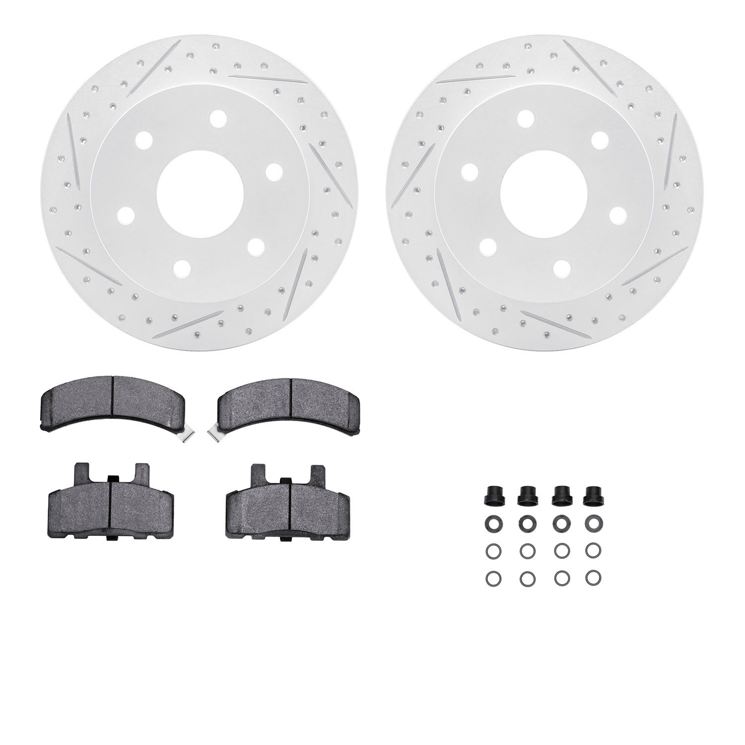 2212-48011 Geoperformance Drilled/Slotted Rotors w/Heavy-Duty Pads Kit & Hardware, 1988-2000 GM, Position: Front