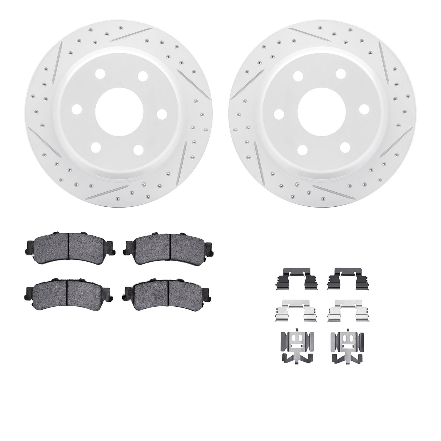2212-48012 Geoperformance Drilled/Slotted Rotors w/Heavy-Duty Pads Kit & Hardware, 1999-2007 GM, Position: Rear