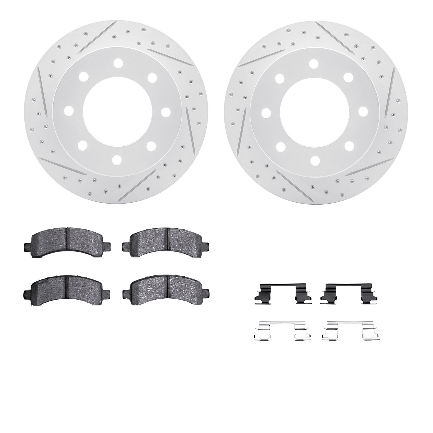 2212-48019 Geoperformance Drilled/Slotted Rotors w/Heavy-Duty Pads Kit & Hardware, 2003-2020 GM, Position: Rear