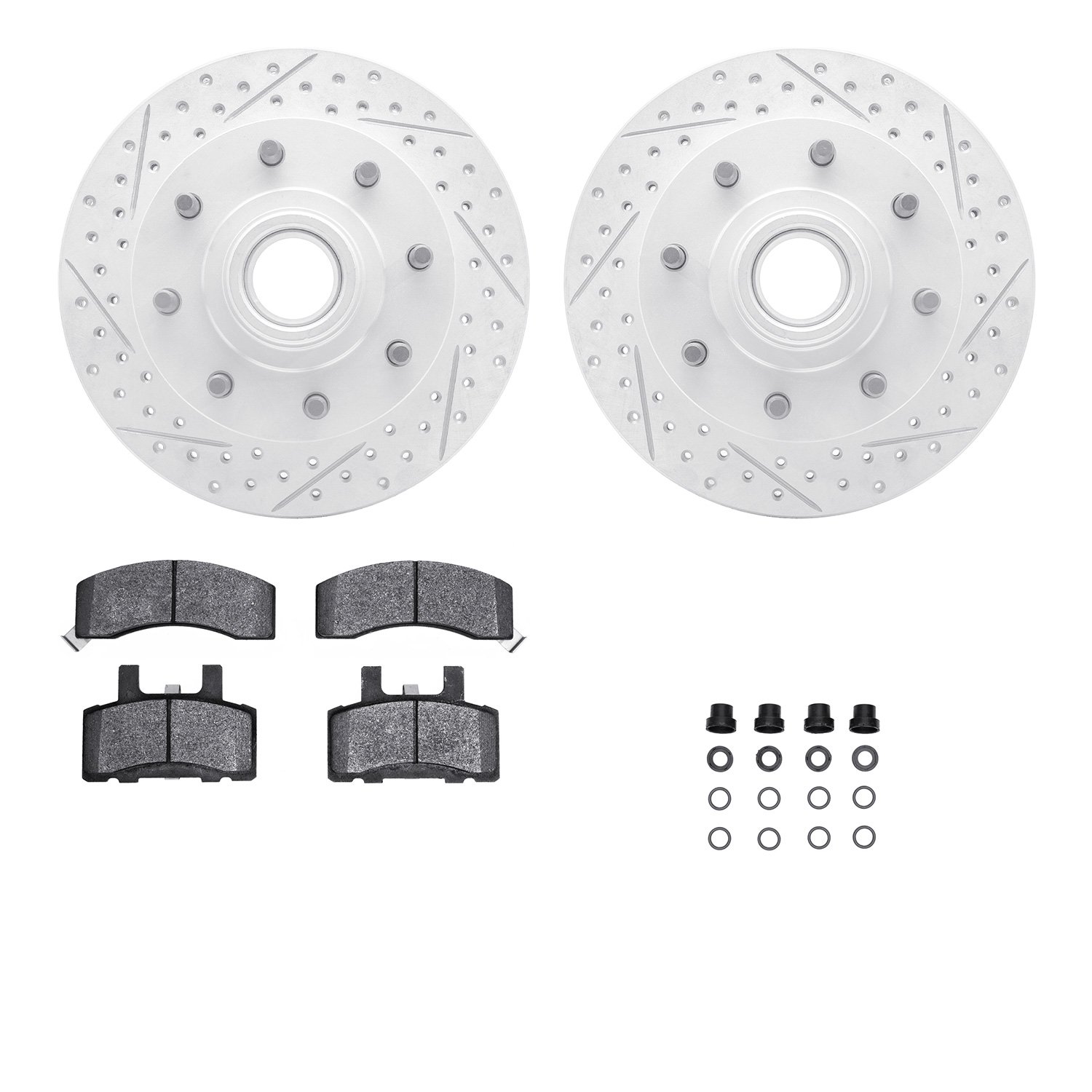 2212-48023 Geoperformance Drilled/Slotted Rotors w/Heavy-Duty Pads Kit & Hardware, 1992-2002 GM, Position: Front