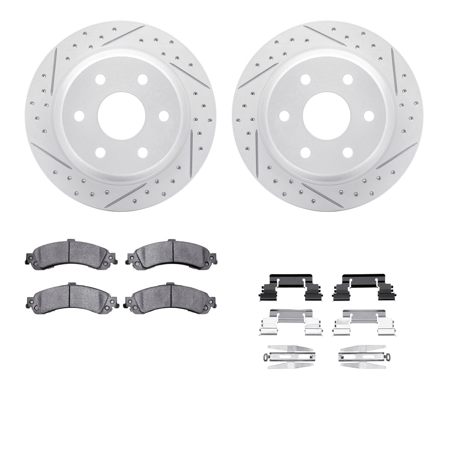 2212-48034 Geoperformance Drilled/Slotted Rotors w/Heavy-Duty Pads Kit & Hardware, 2000-2006 GM, Position: Rear