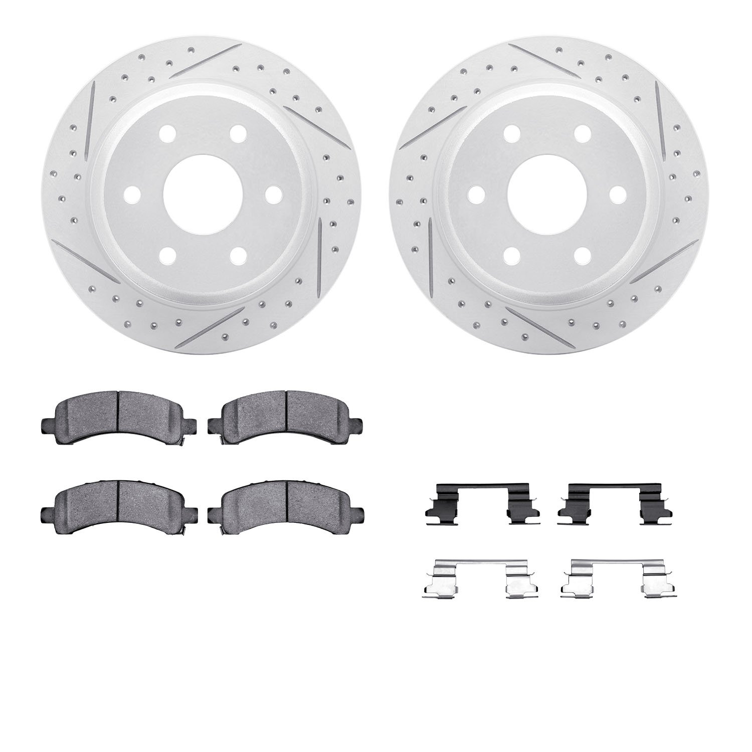 2212-48035 Geoperformance Drilled/Slotted Rotors w/Heavy-Duty Pads Kit & Hardware, 2002-2014 GM, Position: Rear