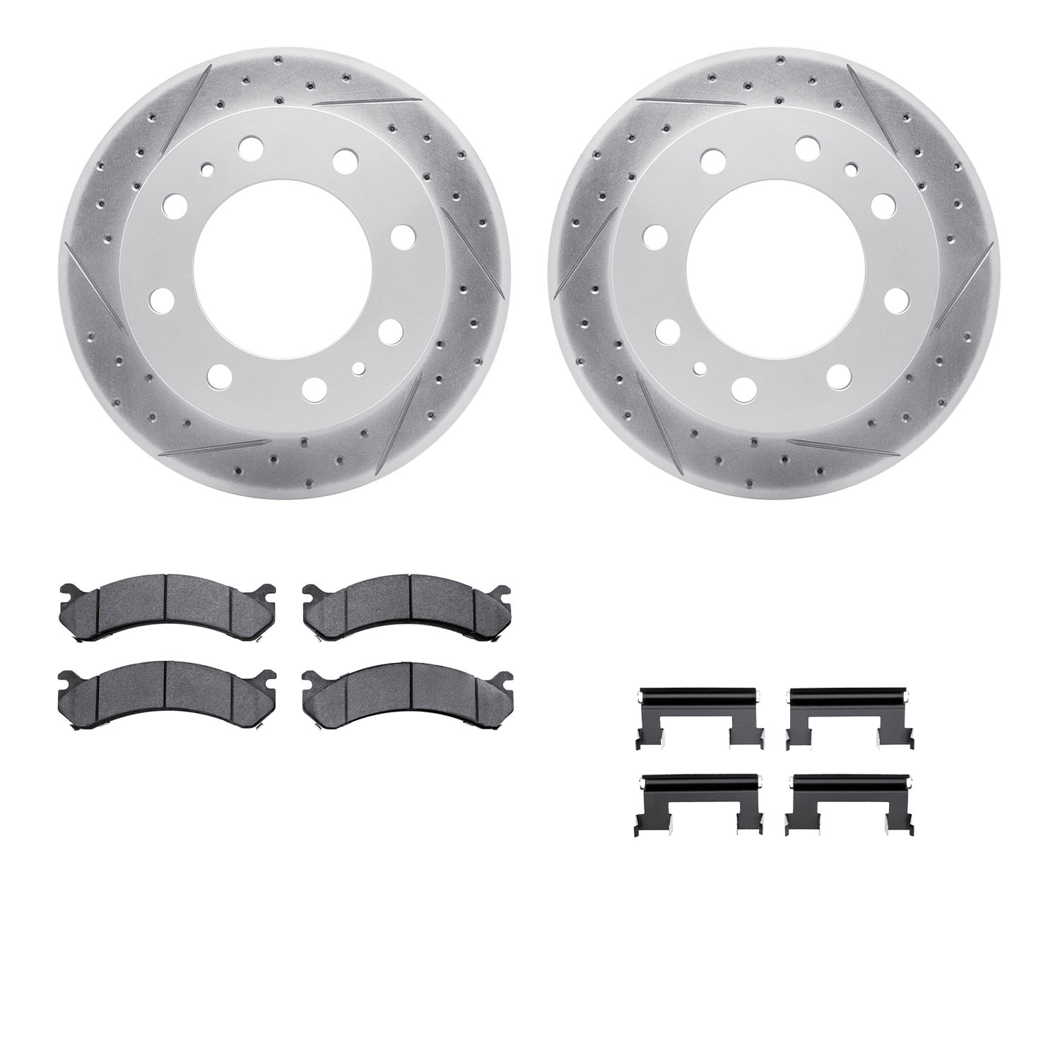 2212-48038 Geoperformance Drilled/Slotted Rotors w/Heavy-Duty Pads Kit & Hardware, 1999-2020 GM, Position: Front