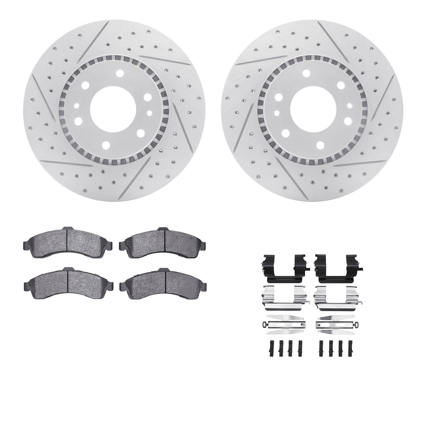 2212-48040 Geoperformance Drilled/Slotted Rotors w/Heavy-Duty Pads Kit & Hardware, 2002-2005 GM, Position: Front