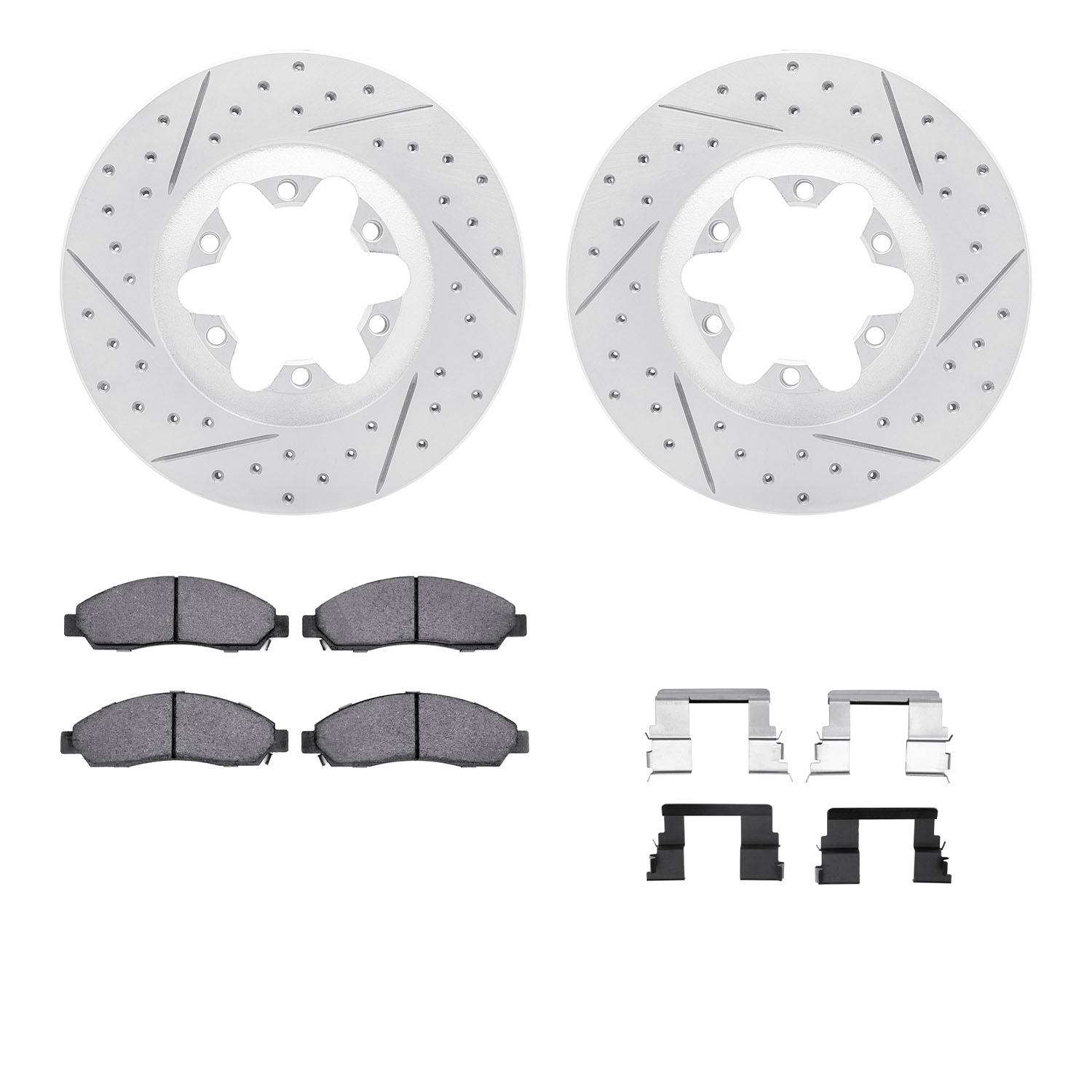 2212-48041 Geoperformance Drilled/Slotted Rotors w/Heavy-Duty Pads Kit & Hardware, 2004-2008 GM, Position: Front