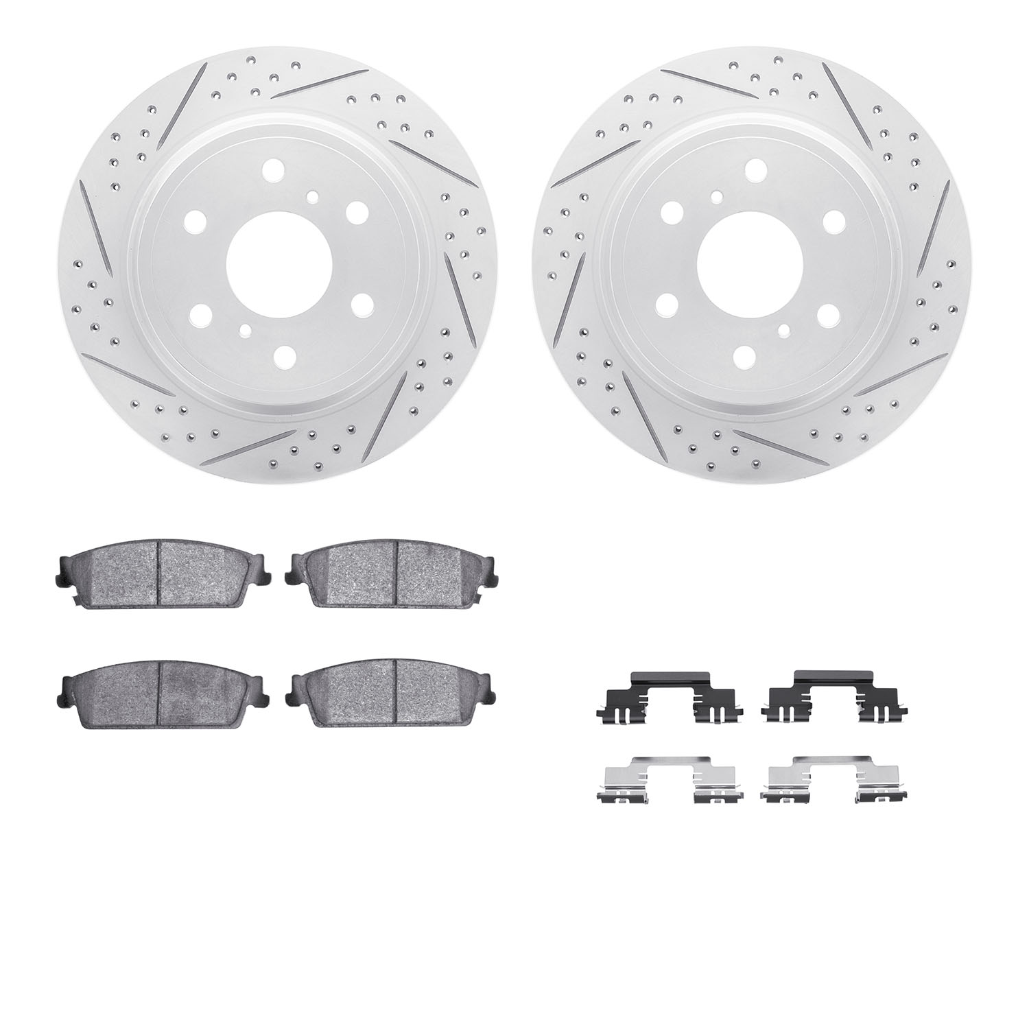 2212-48043 Geoperformance Drilled/Slotted Rotors w/Heavy-Duty Pads Kit & Hardware, 2007-2014 GM, Position: Rear