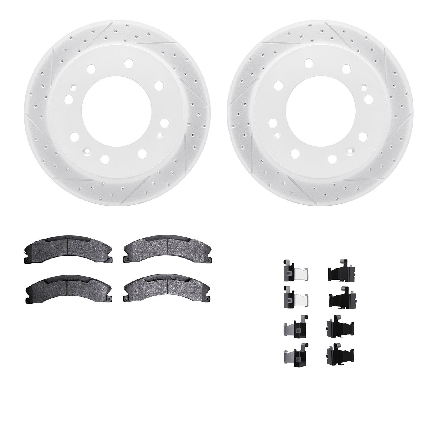 2212-48045 Geoperformance Drilled/Slotted Rotors w/Heavy-Duty Pads Kit & Hardware, 2011-2019 GM, Position: Front