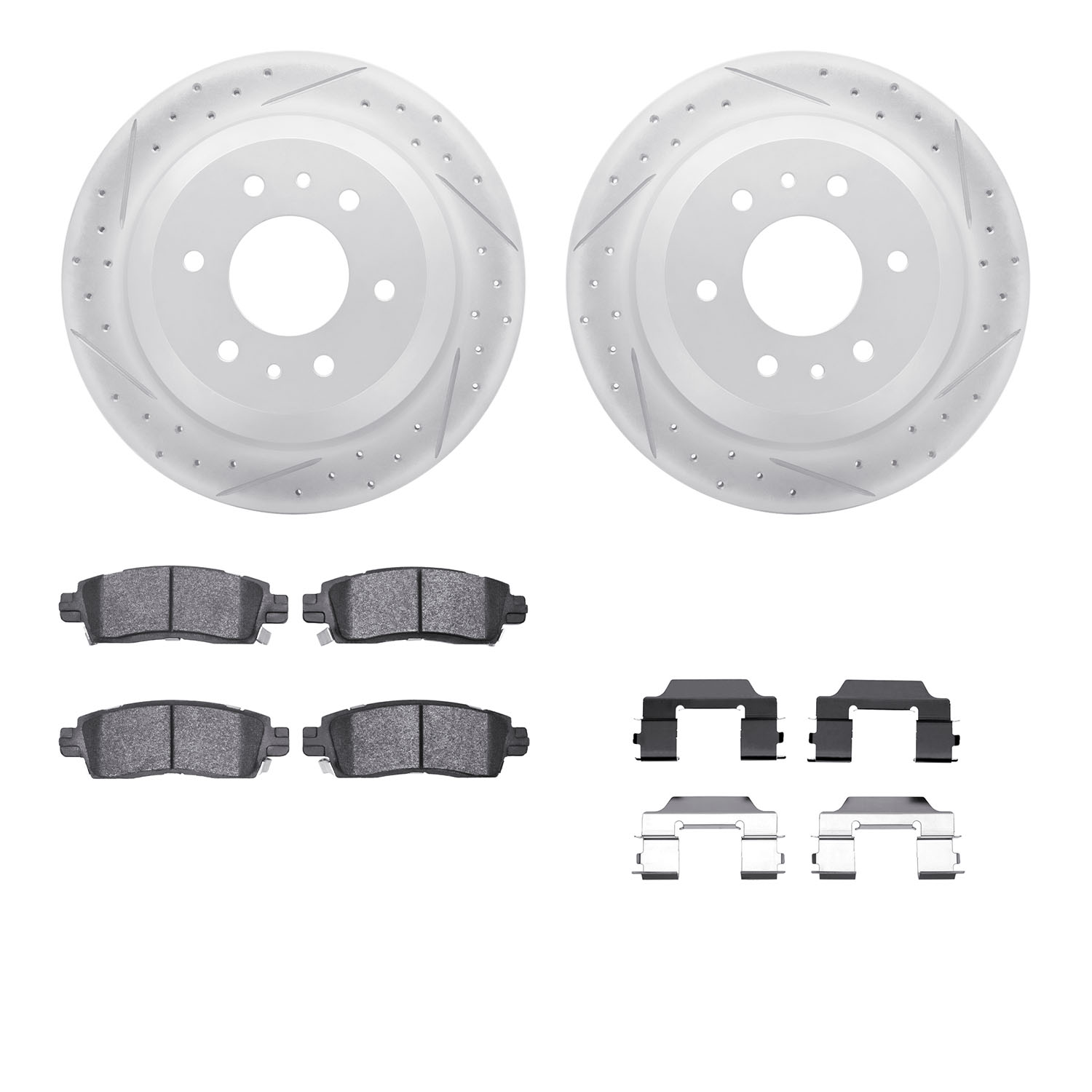 2212-48049 Geoperformance Drilled/Slotted Rotors w/Heavy-Duty Pads Kit & Hardware, 2002-2009 GM, Position: Rear