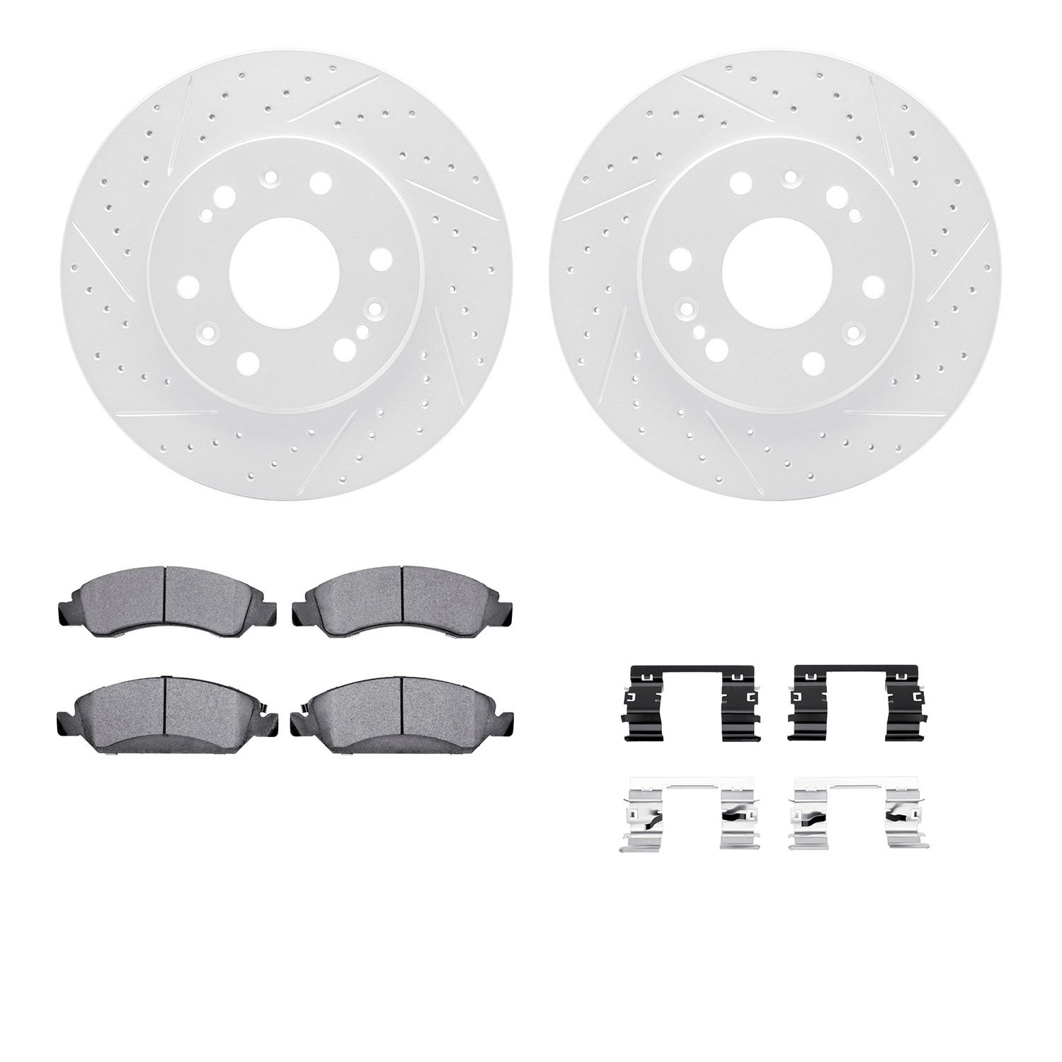 2212-48055 Geoperformance Drilled/Slotted Rotors w/Heavy-Duty Pads Kit & Hardware, 2005-2020 GM, Position: Front
