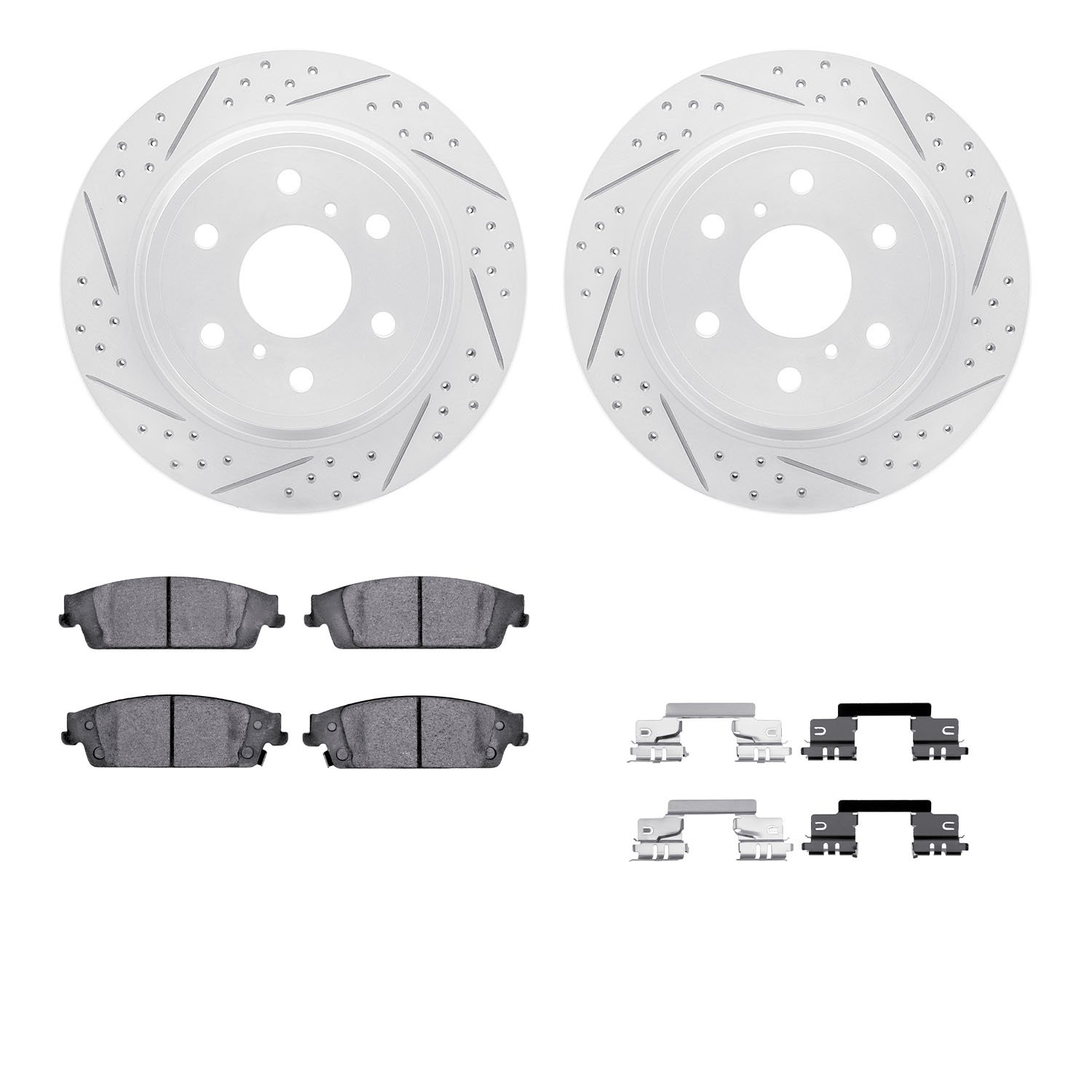 2212-48061 Geoperformance Drilled/Slotted Rotors w/Heavy-Duty Pads Kit & Hardware, 2014-2020 GM, Position: Rear