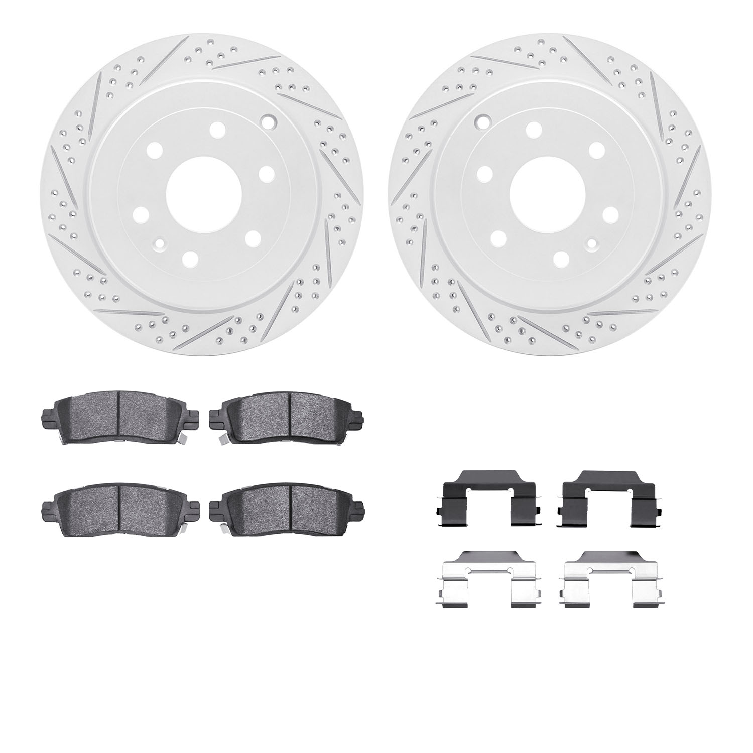2212-48064 Geoperformance Drilled/Slotted Rotors w/Heavy-Duty Pads Kit & Hardware, 2007-2017 GM, Position: Rear