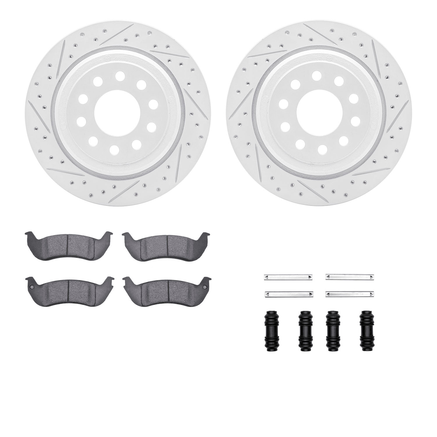 2212-55001 Geoperformance Drilled/Slotted Rotors w/Heavy-Duty Pads Kit & Hardware, 2003-2011 Ford/Lincoln/Mercury/Mazda, Positio