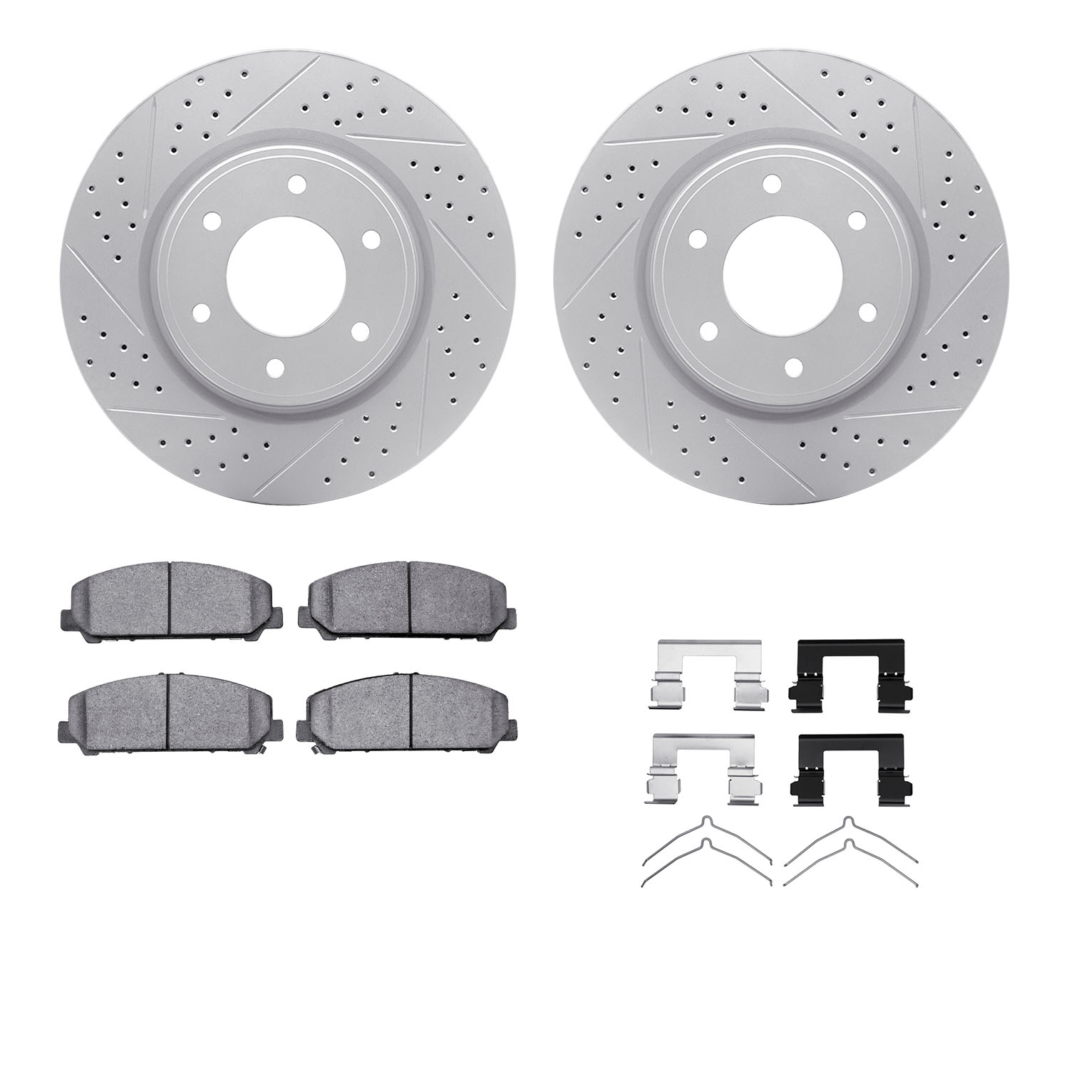 2212-67002 Geoperformance Drilled/Slotted Rotors w/Heavy-Duty Pads Kit & Hardware, Fits Select Infiniti/Nissan, Position: Front