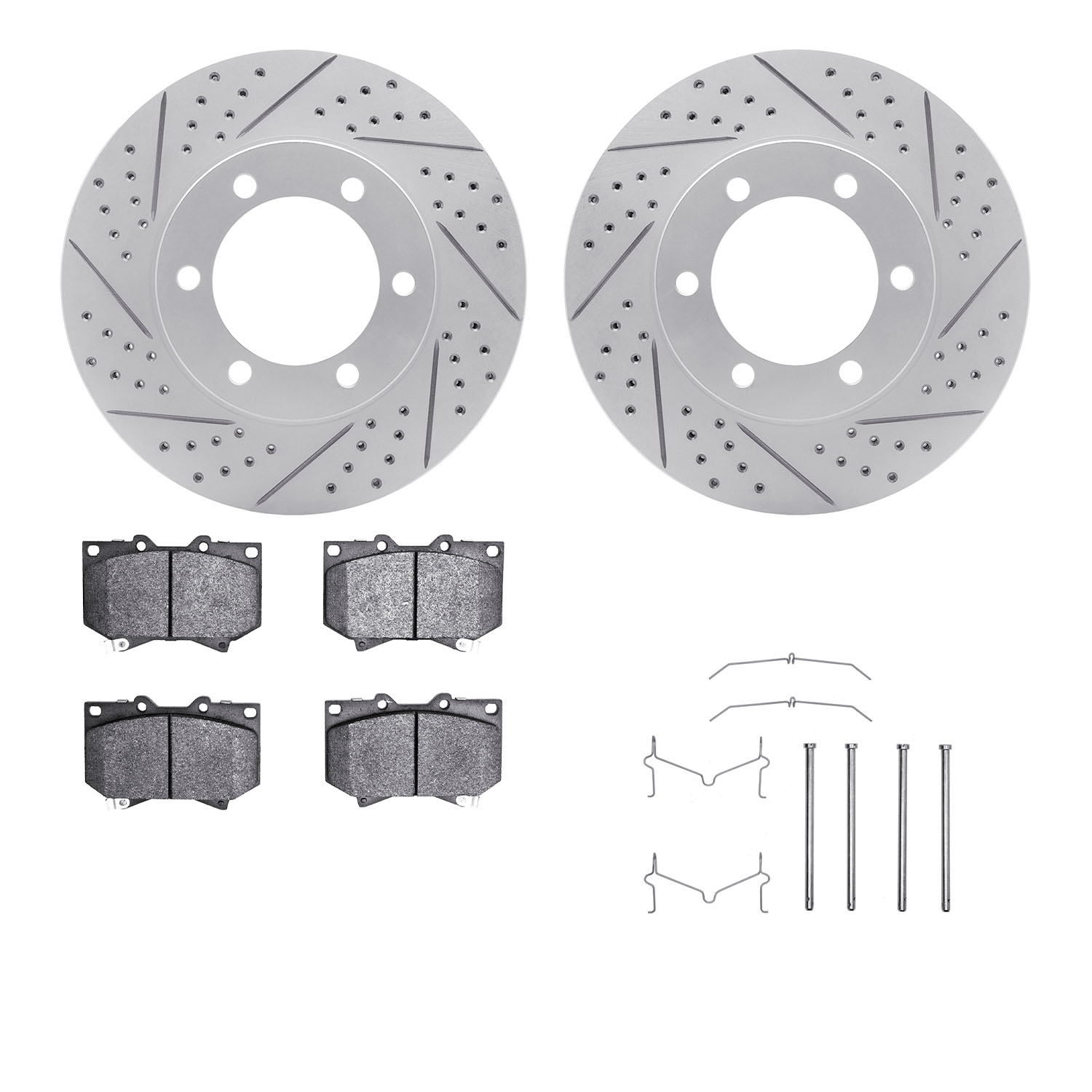 2212-76001 Geoperformance Drilled/Slotted Rotors w/Heavy-Duty Pads Kit & Hardware, 2000-2002 Lexus/Toyota/Scion, Position: Front